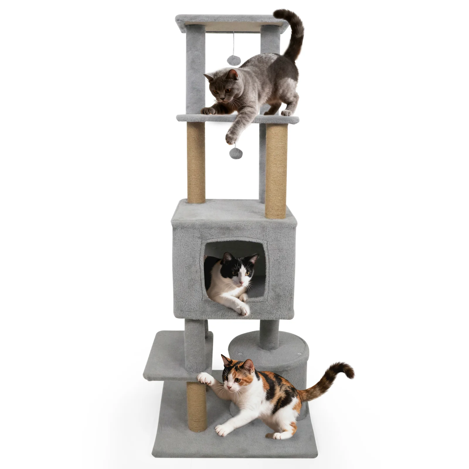 64 Inch Tall Cat Tree with 2 Large Condos and Jute Scratching Posts for Indoor Adult Cats-Light Grey, Light Gray - Image 5
