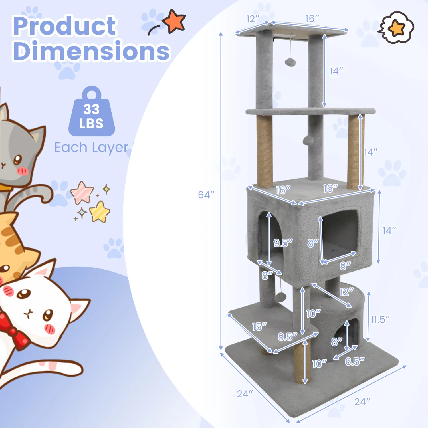 64 Inch Tall Cat Tree with 2 Large Condos and Jute Scratching Posts for Indoor Adult Cats-Light Grey, Light Gray - Image 6