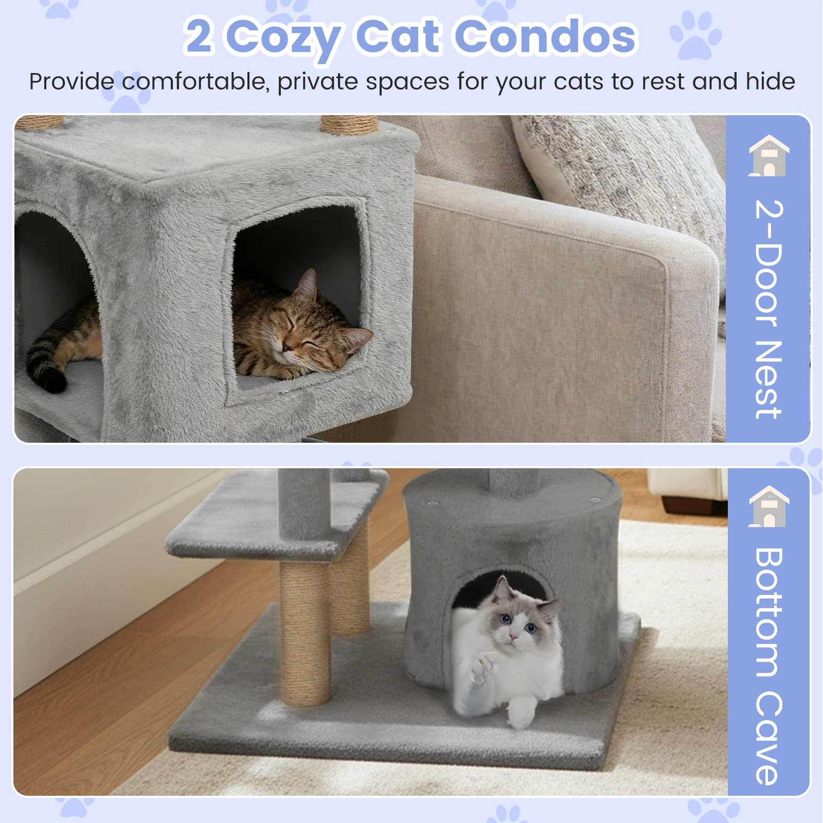 64 Inch Tall Cat Tree with 2 Large Condos and Jute Scratching Posts for Indoor Adult Cats-Light Grey, Light Gray - Image 7