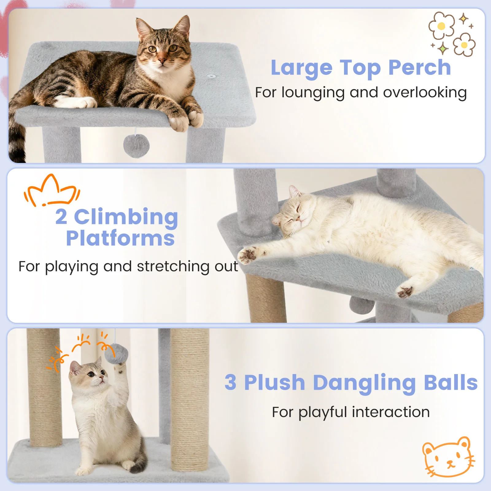 64 Inch Tall Cat Tree with 2 Large Condos and Jute Scratching Posts for Indoor Adult Cats-Light Grey, Light Gray - Image 8
