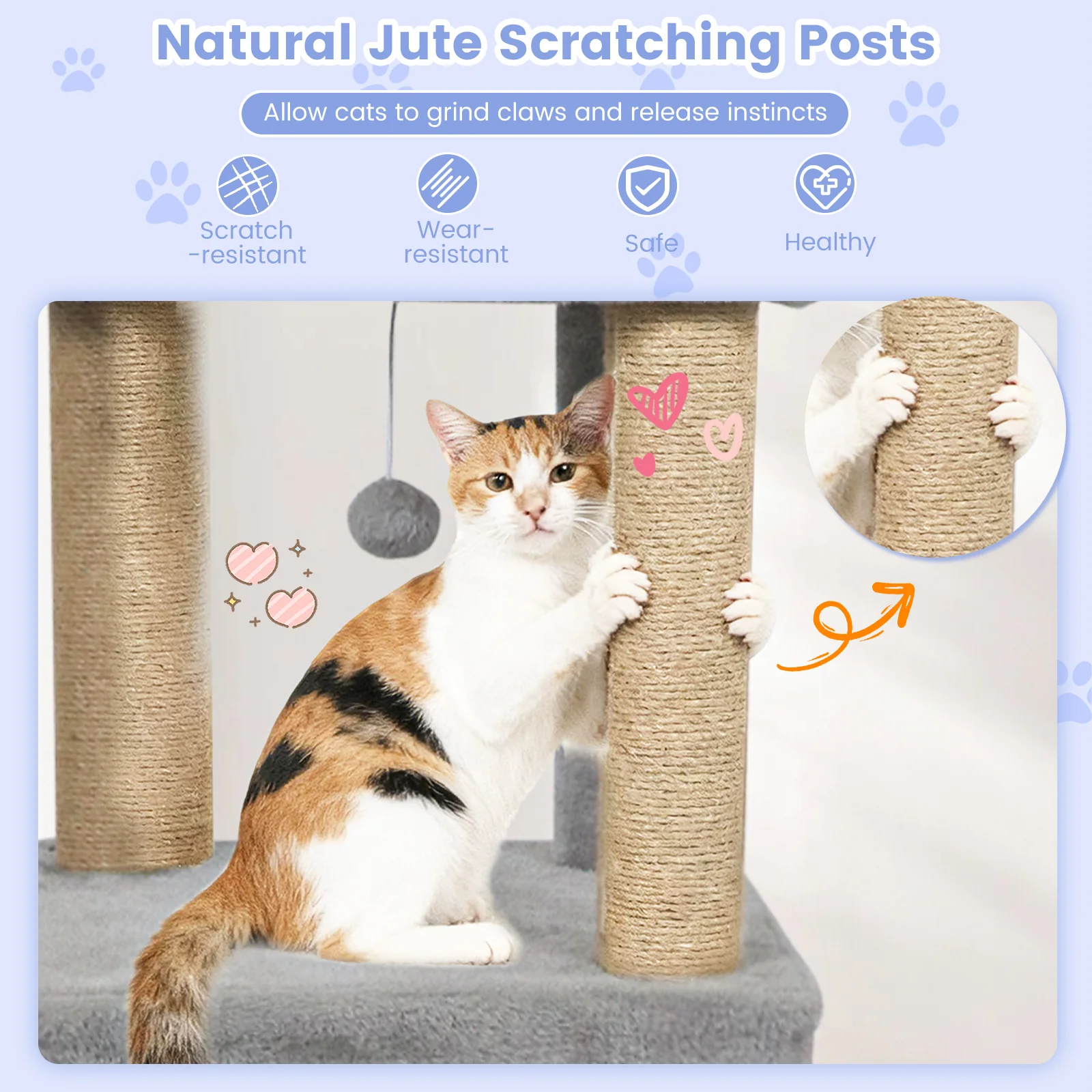 64 Inch Tall Cat Tree with 2 Large Condos and Jute Scratching Posts for Indoor Adult Cats-Light Grey, Light Gray - Image 9