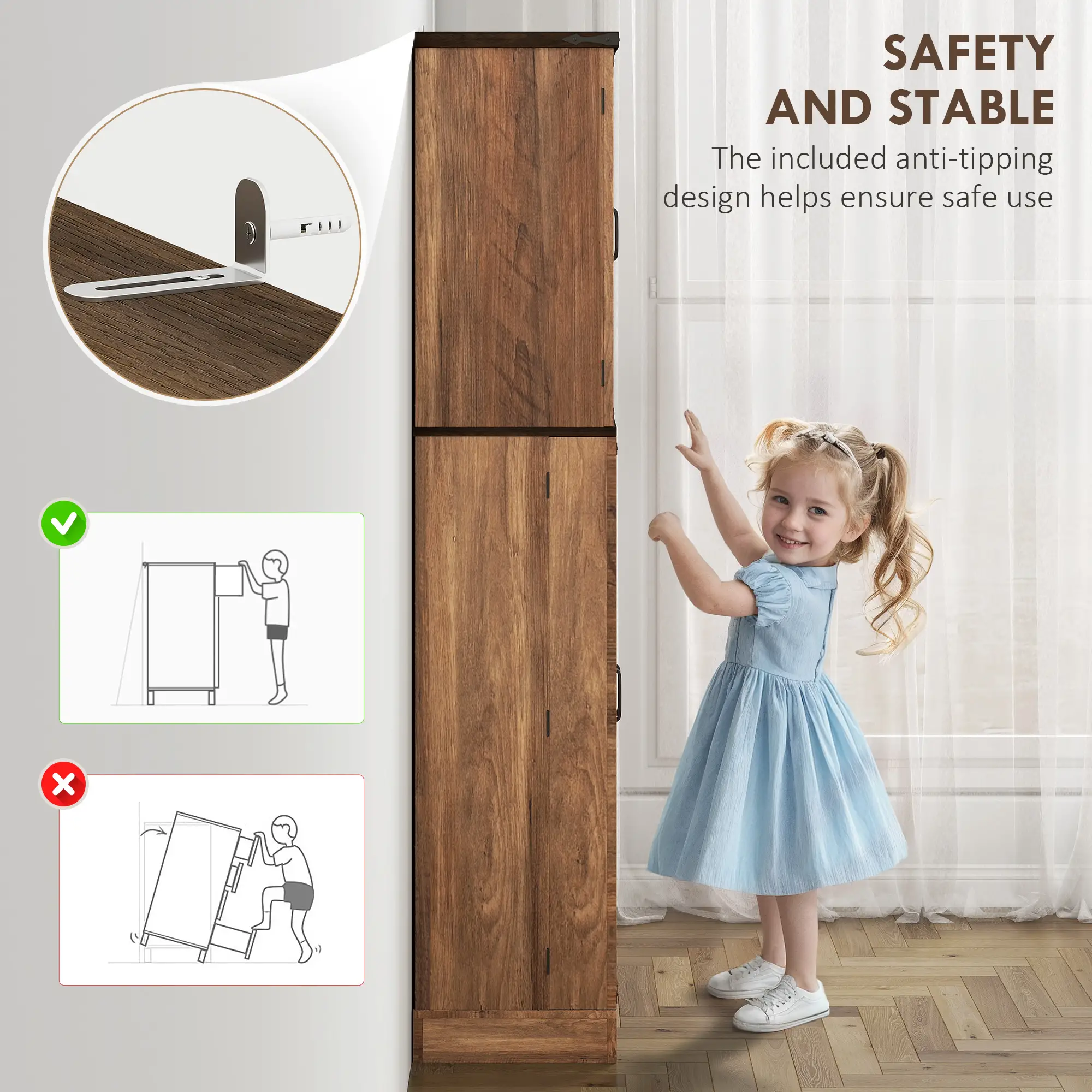 64 Inch Tall Kitchen Pantry Cabinet, Wood Grain, Brown - Image 6