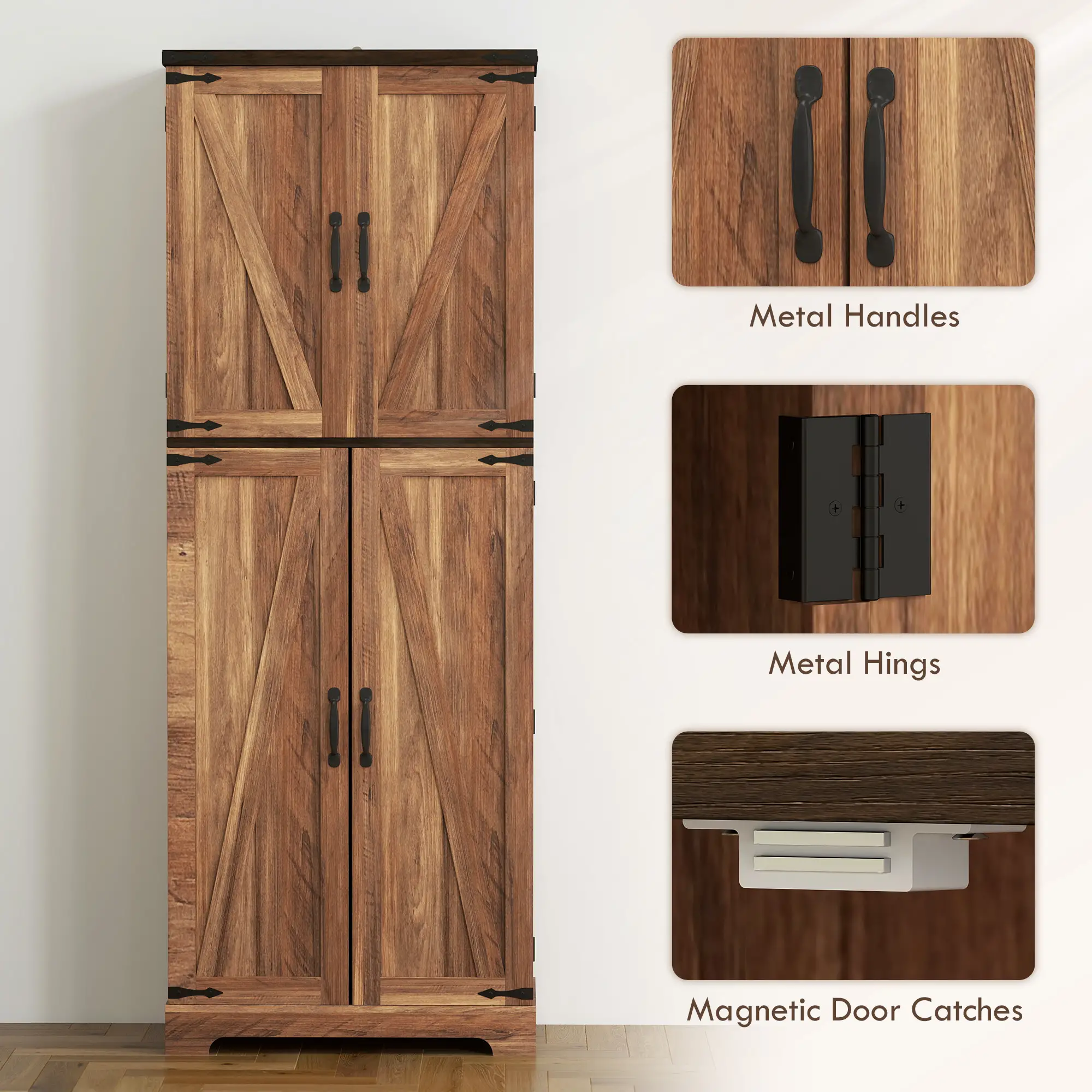 64 Inch Tall Kitchen Pantry Cabinet, Wood Grain, Brown - Image 7
