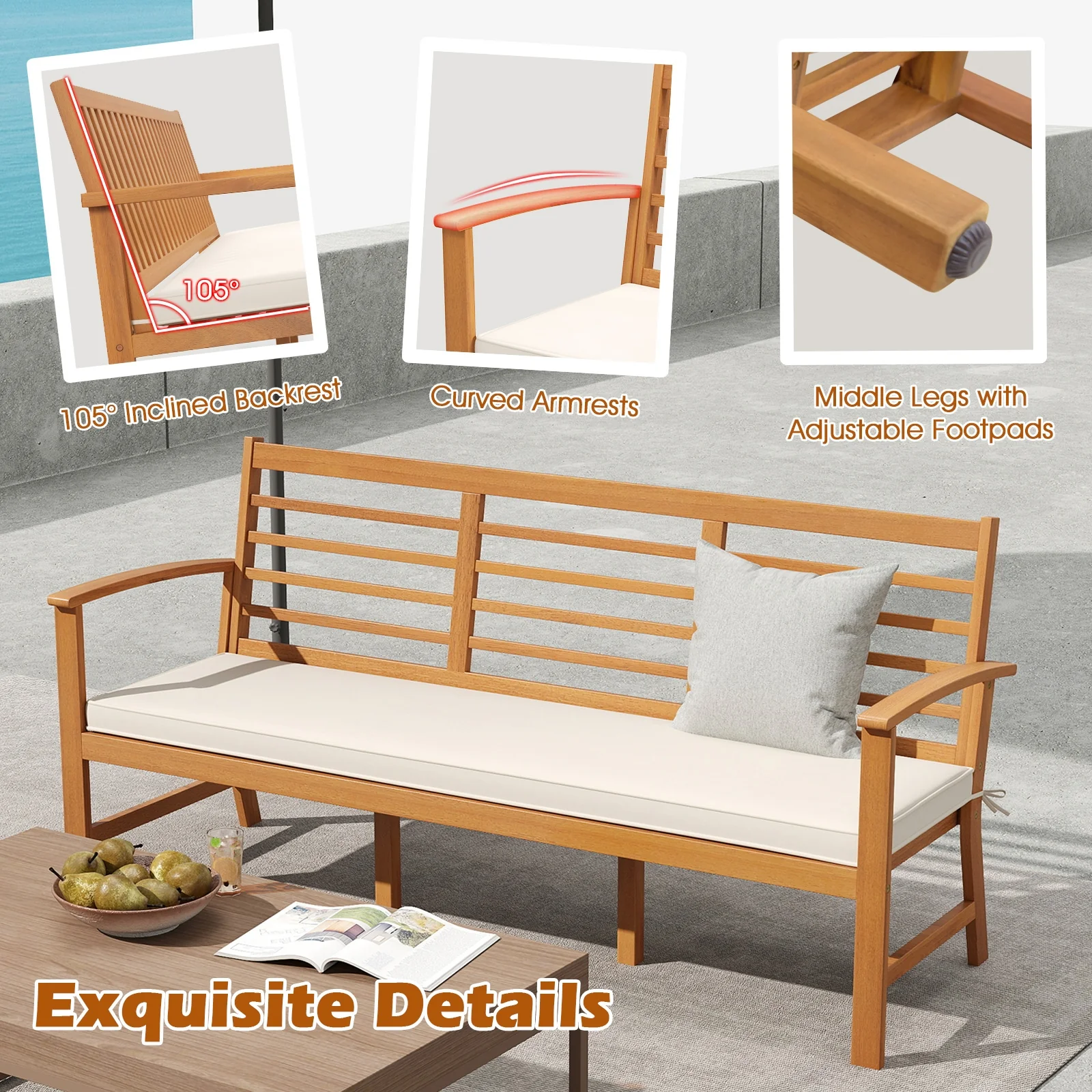 64 Inch Wood Bench With Seat Cushion, Slatted Seat, Off White - Image 10