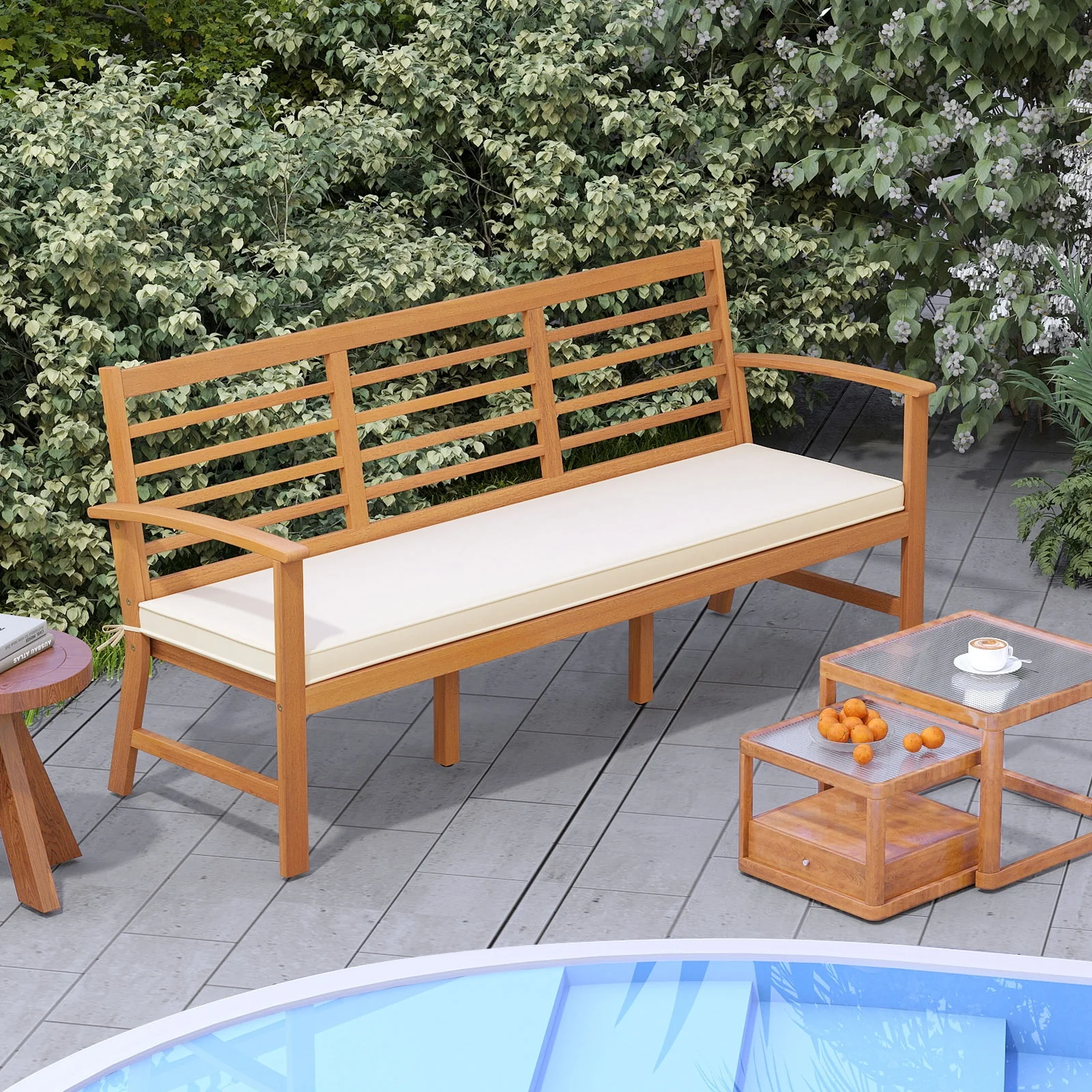 64 Inch Wood Bench With Seat Cushion, Slatted Seat, Off White - Image 2