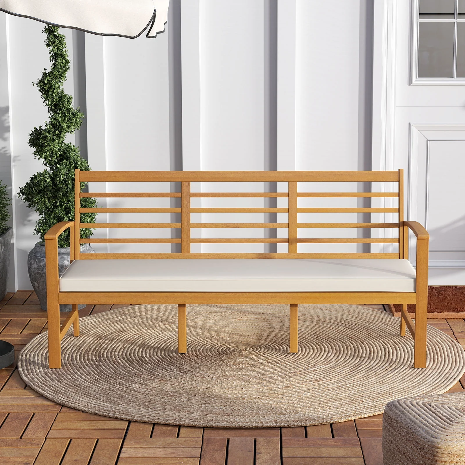 64 Inch Wood Bench With Seat Cushion, Slatted Seat, Off White - Image 3