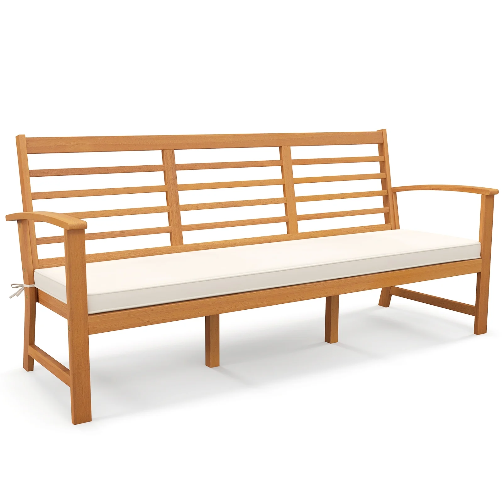 64 Inch Wood Bench With Seat Cushion, Slatted Seat, Off White - Image 4