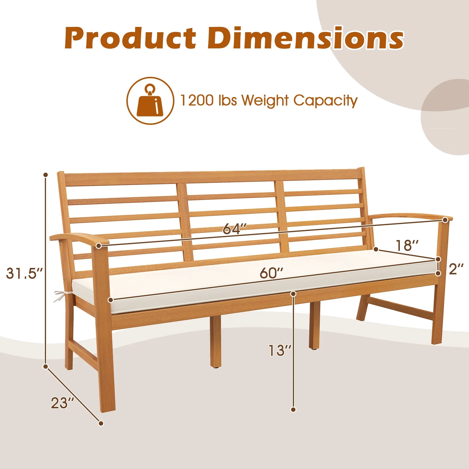 64 Inch Wood Bench With Seat Cushion, Slatted Seat, Off White - Image 5