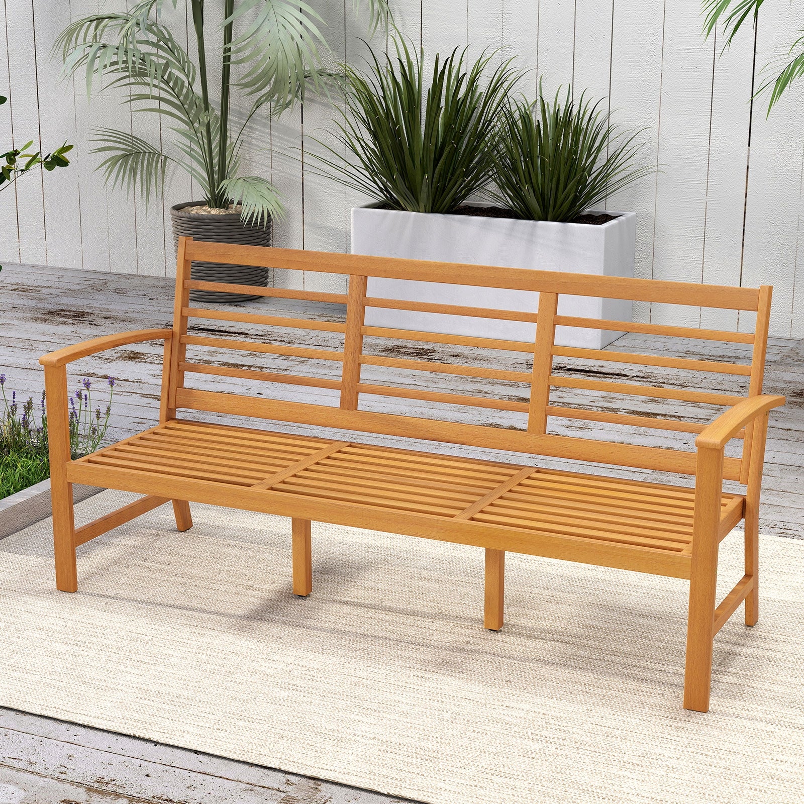 64 Inch Wood Bench With Seat Cushion, Slatted Seat, Off White - Image 6