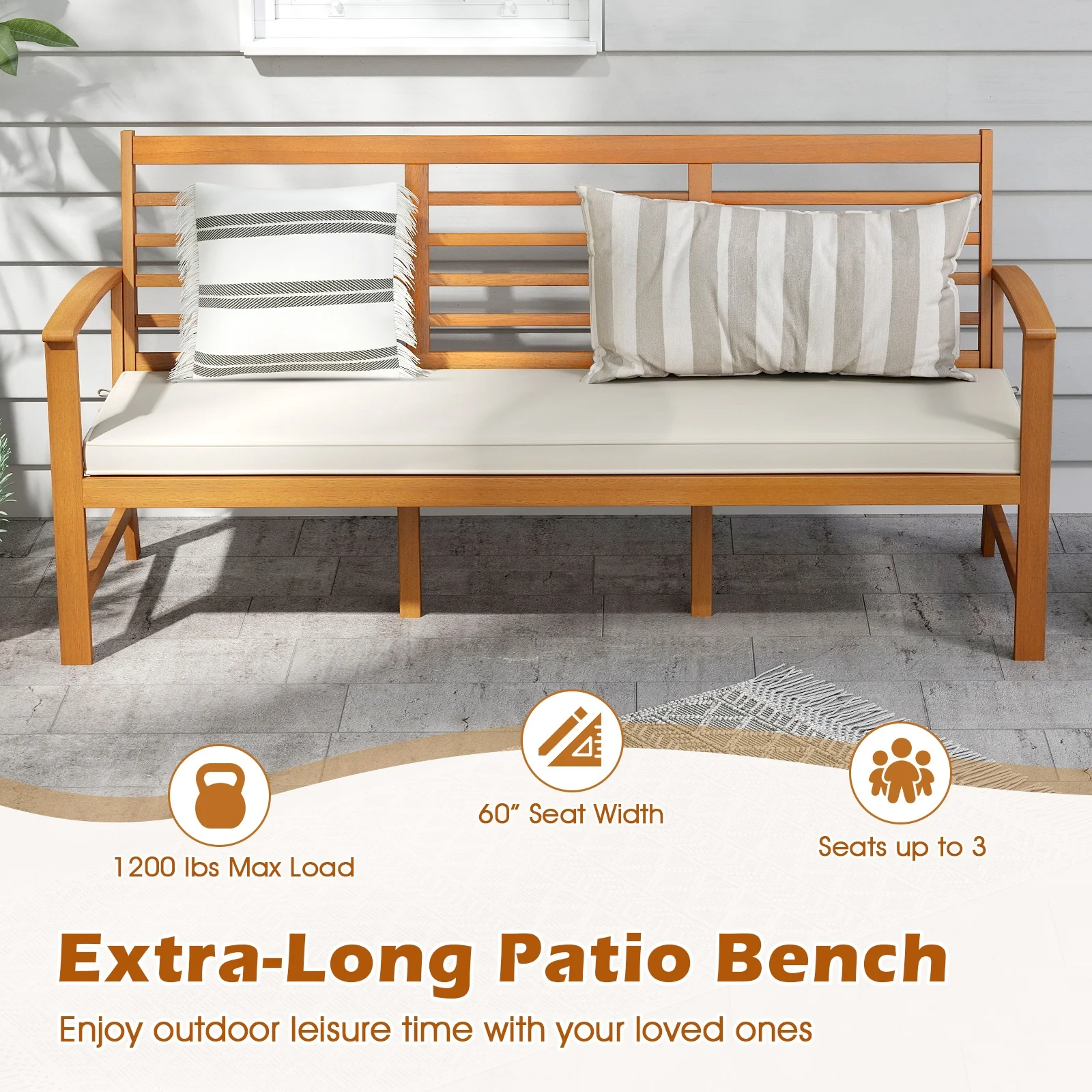 64 Inch Wood Bench With Seat Cushion, Slatted Seat, Off White - Image 7