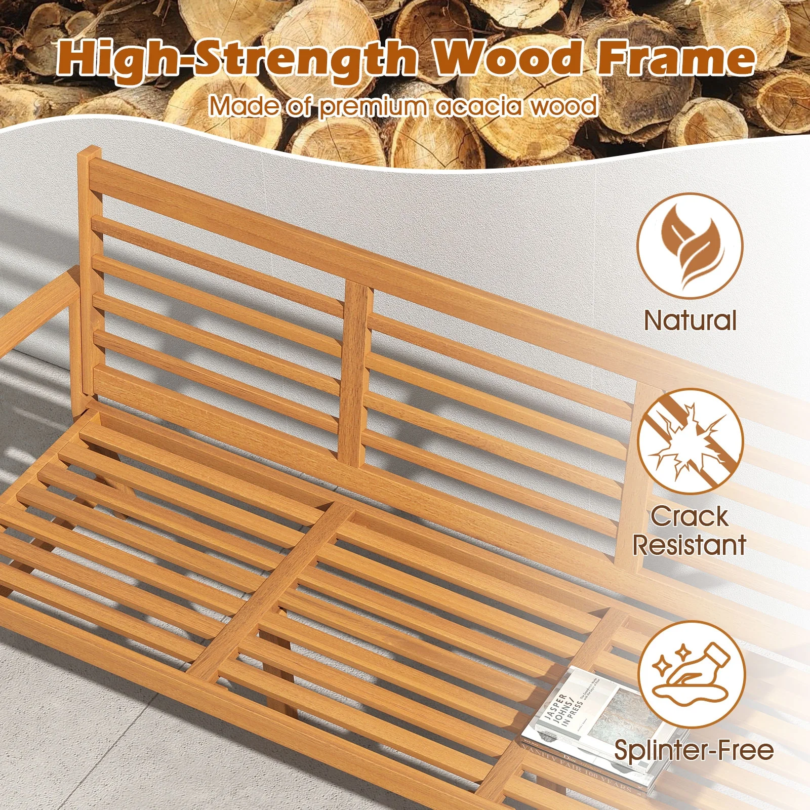 64 Inch Wood Bench With Seat Cushion, Slatted Seat, Off White - Image 8