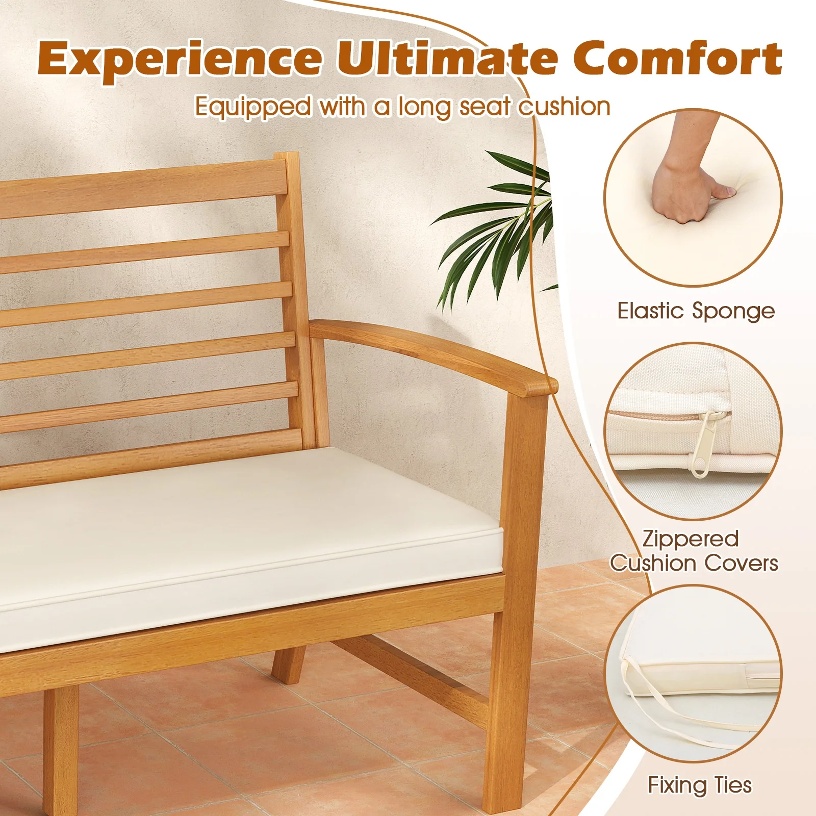 64 Inch Wood Bench With Seat Cushion, Slatted Seat, Off White - Image 9