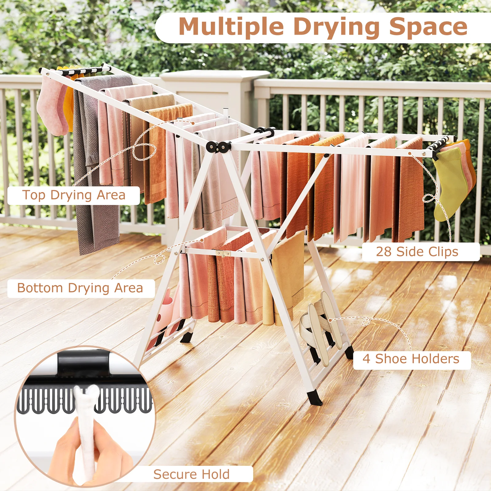 64 Inches Height Adjustable Clothes Drying Rack, White - Image 10