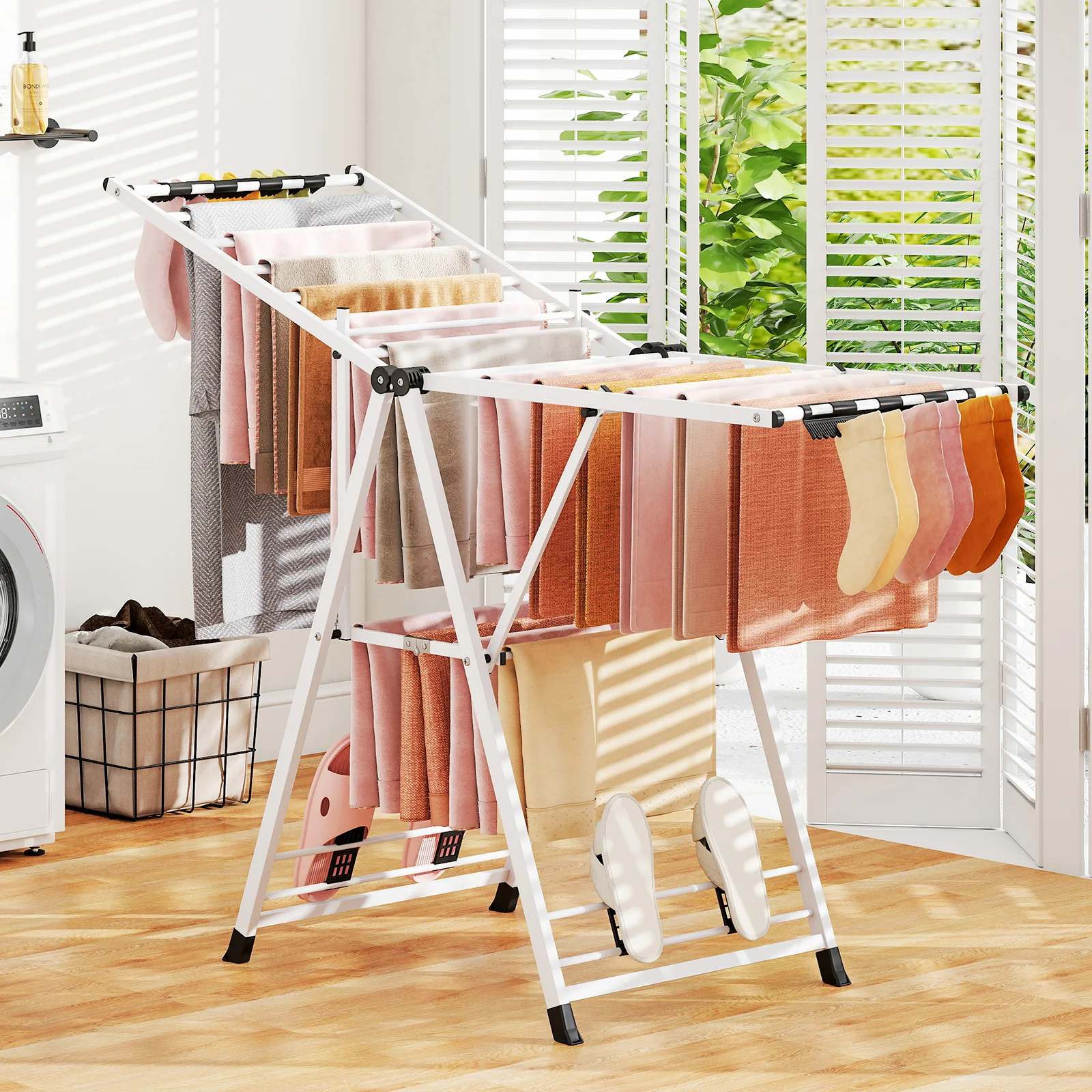 64 Inches Height Adjustable Clothes Drying Rack, White - Image 2