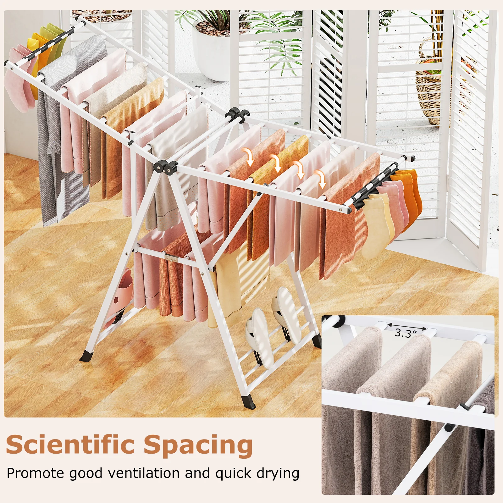 64 Inches Height Adjustable Clothes Drying Rack, White - Image 8