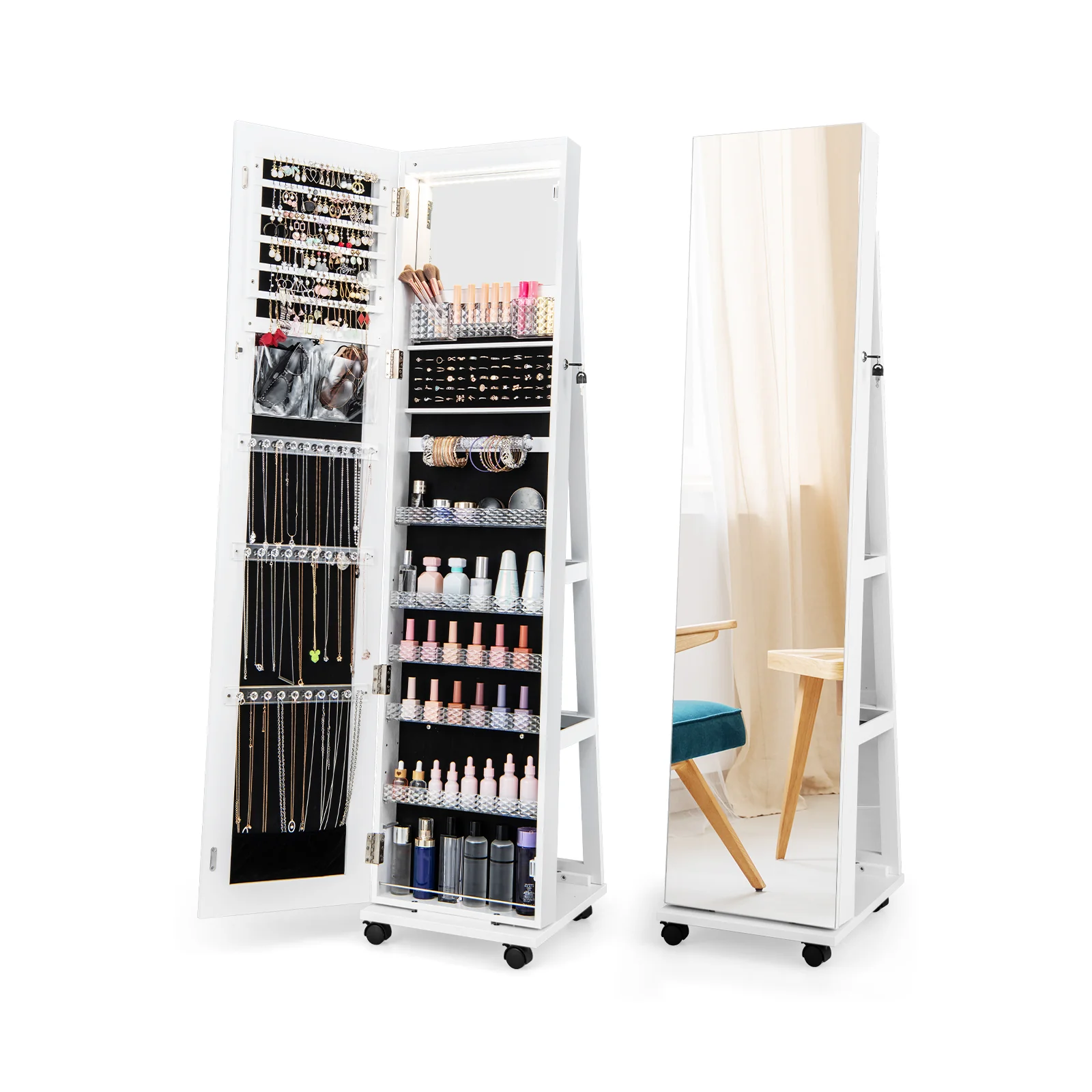 64 Inches Lockable Jewelry Cabinet Armoire, Built-in Makeup Mirror, White