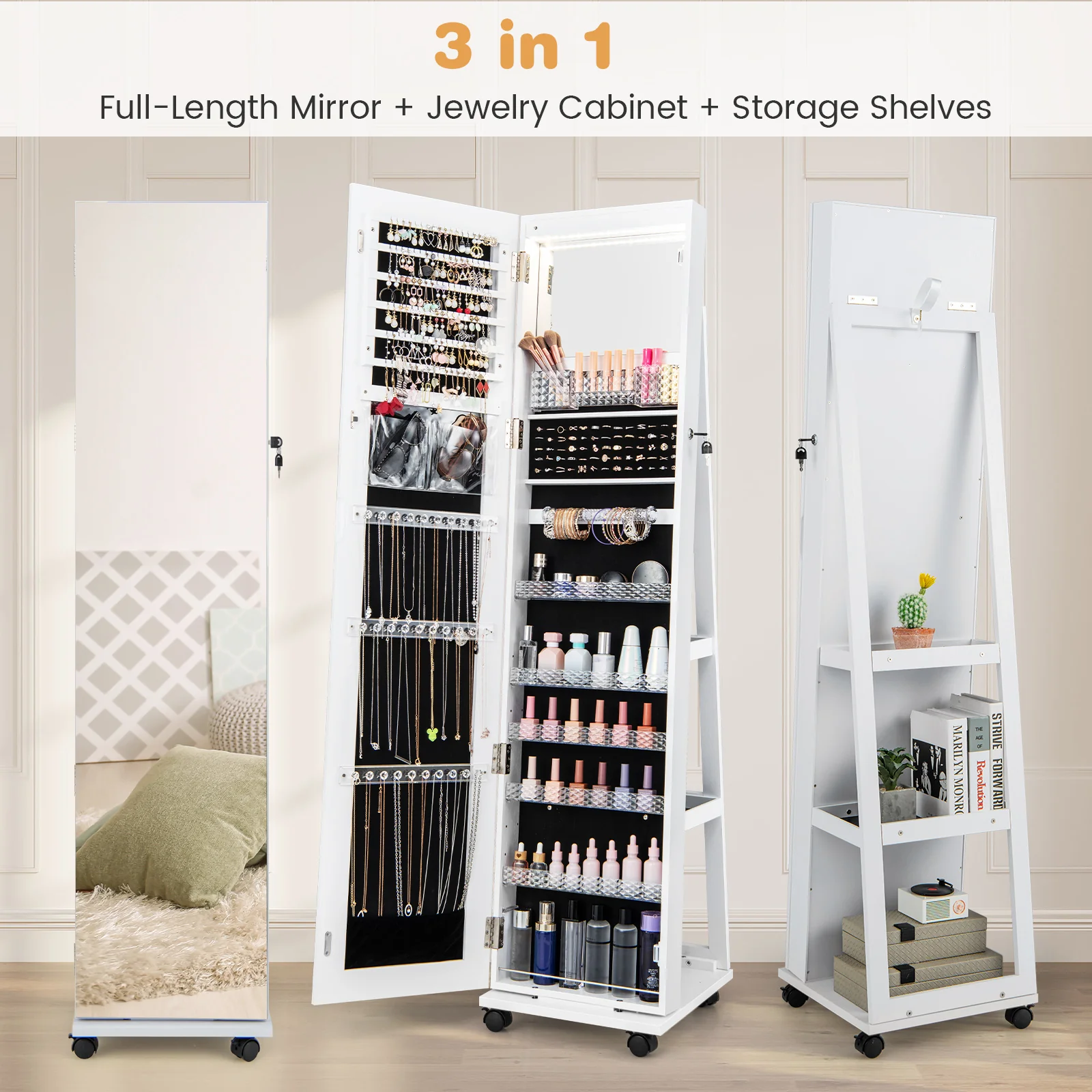 64 Inches Lockable Jewelry Cabinet Armoire, Built-in Makeup Mirror, White - Image 7