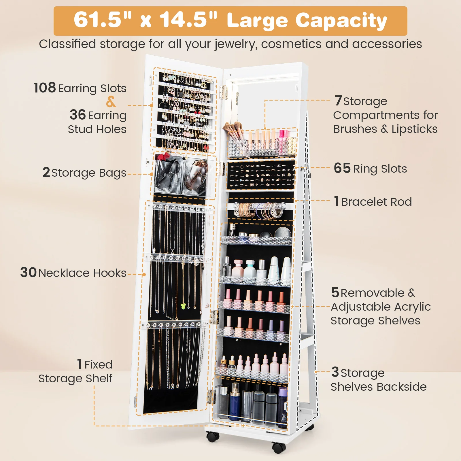64 Inches Lockable Jewelry Cabinet Armoire, Built-in Makeup Mirror, White - Image 8