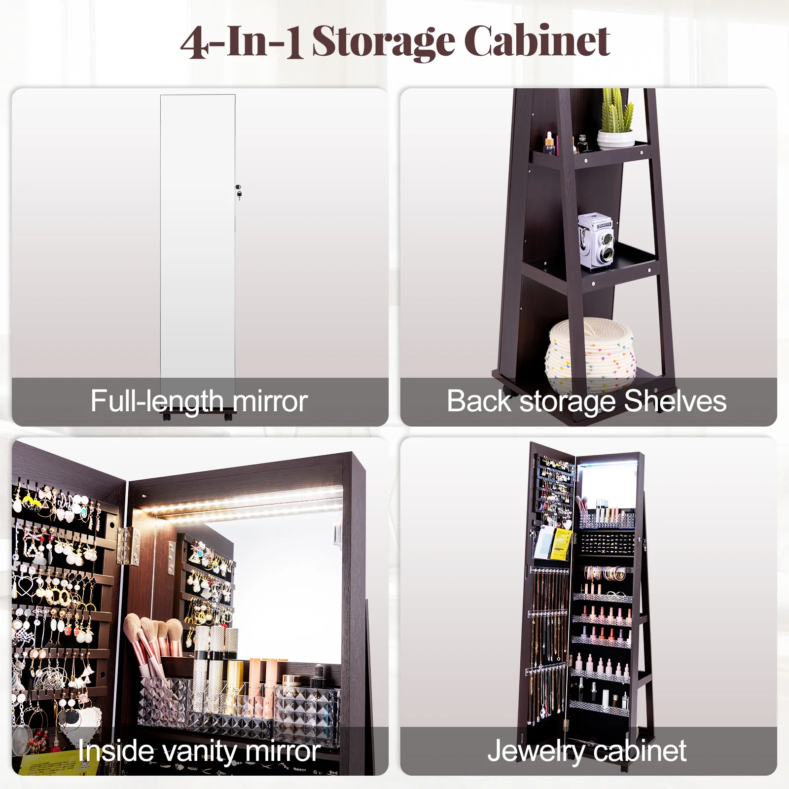 64 Inches Lockable Jewelry Cabinet Armoire With Built-In Makeup Mirror, Purple - Image 10