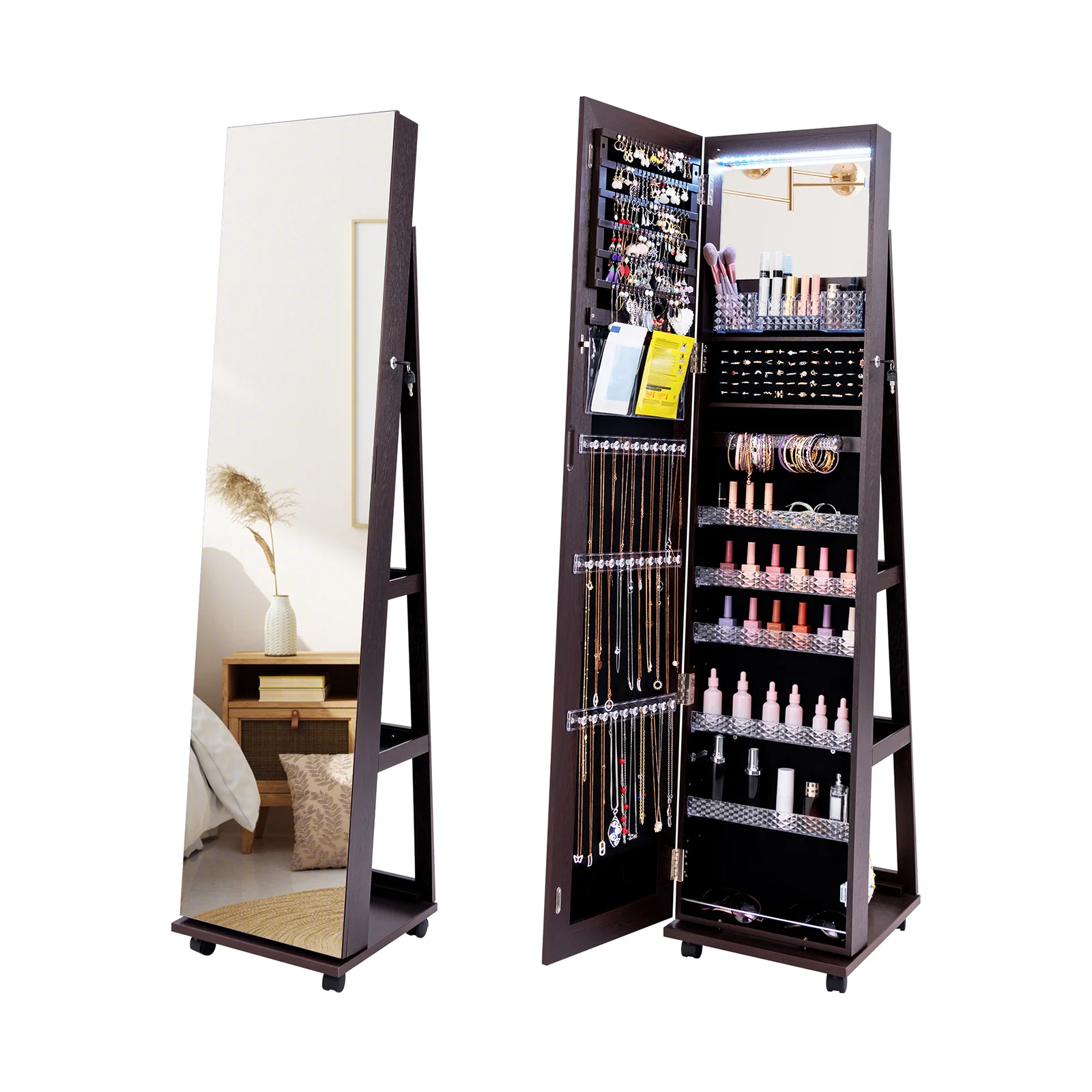 64 Inches Lockable Jewelry Cabinet Armoire With Built-In Makeup Mirror, Purple - Image 4