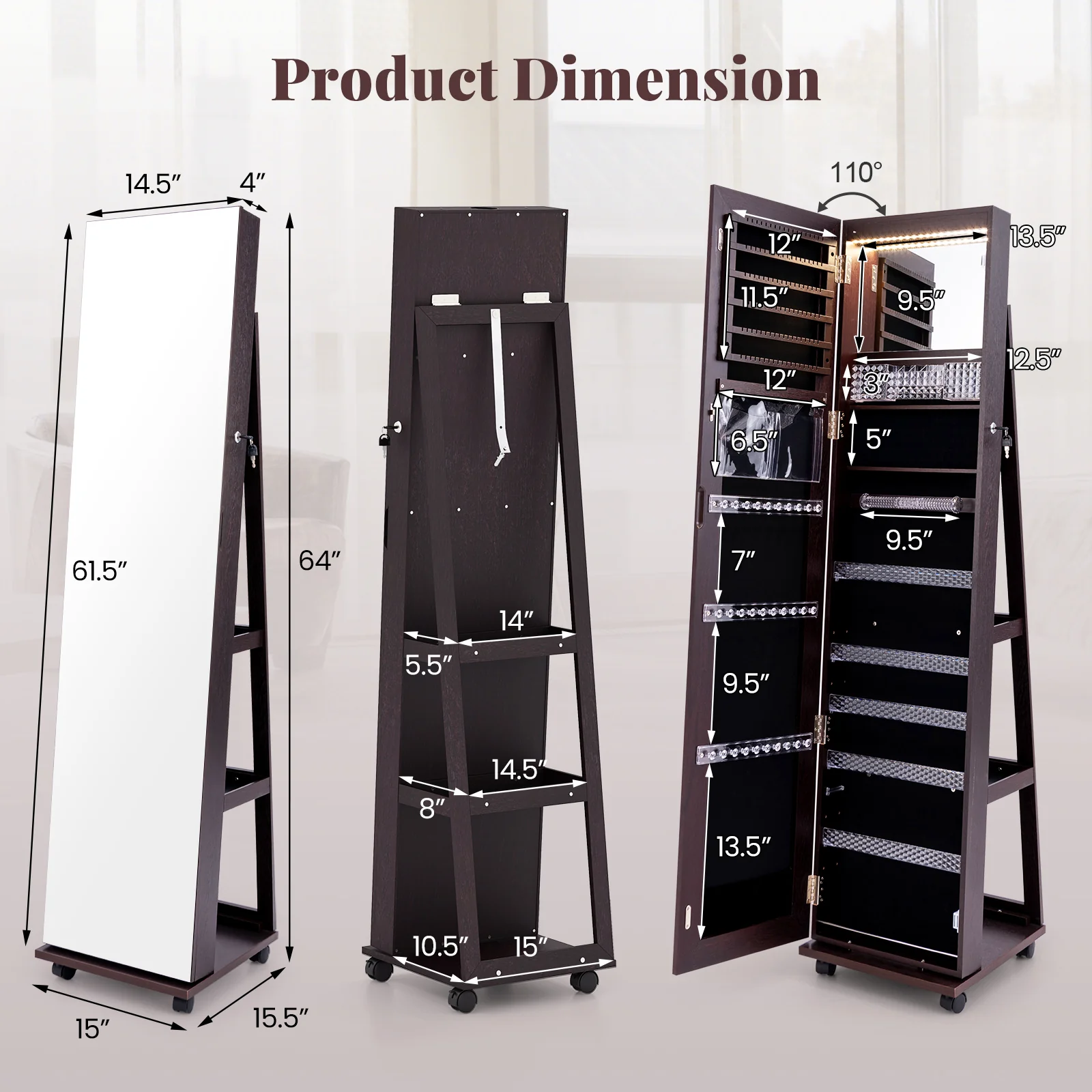 64 Inches Lockable Jewelry Cabinet Armoire With Built-In Makeup Mirror, Purple - Image 6