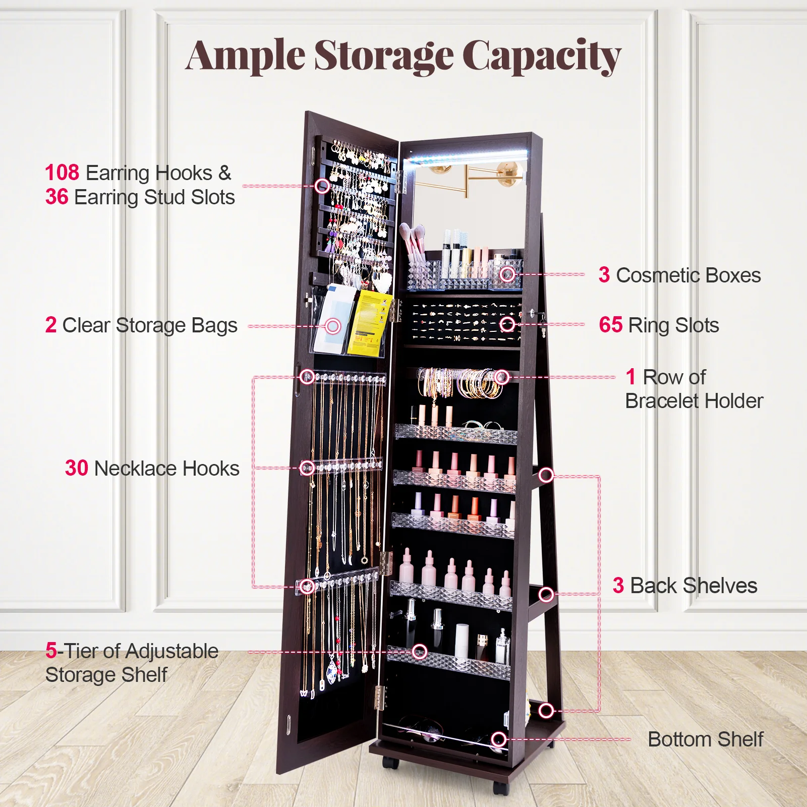 64 Inches Lockable Jewelry Cabinet Armoire With Built-In Makeup Mirror, Purple - Image 8