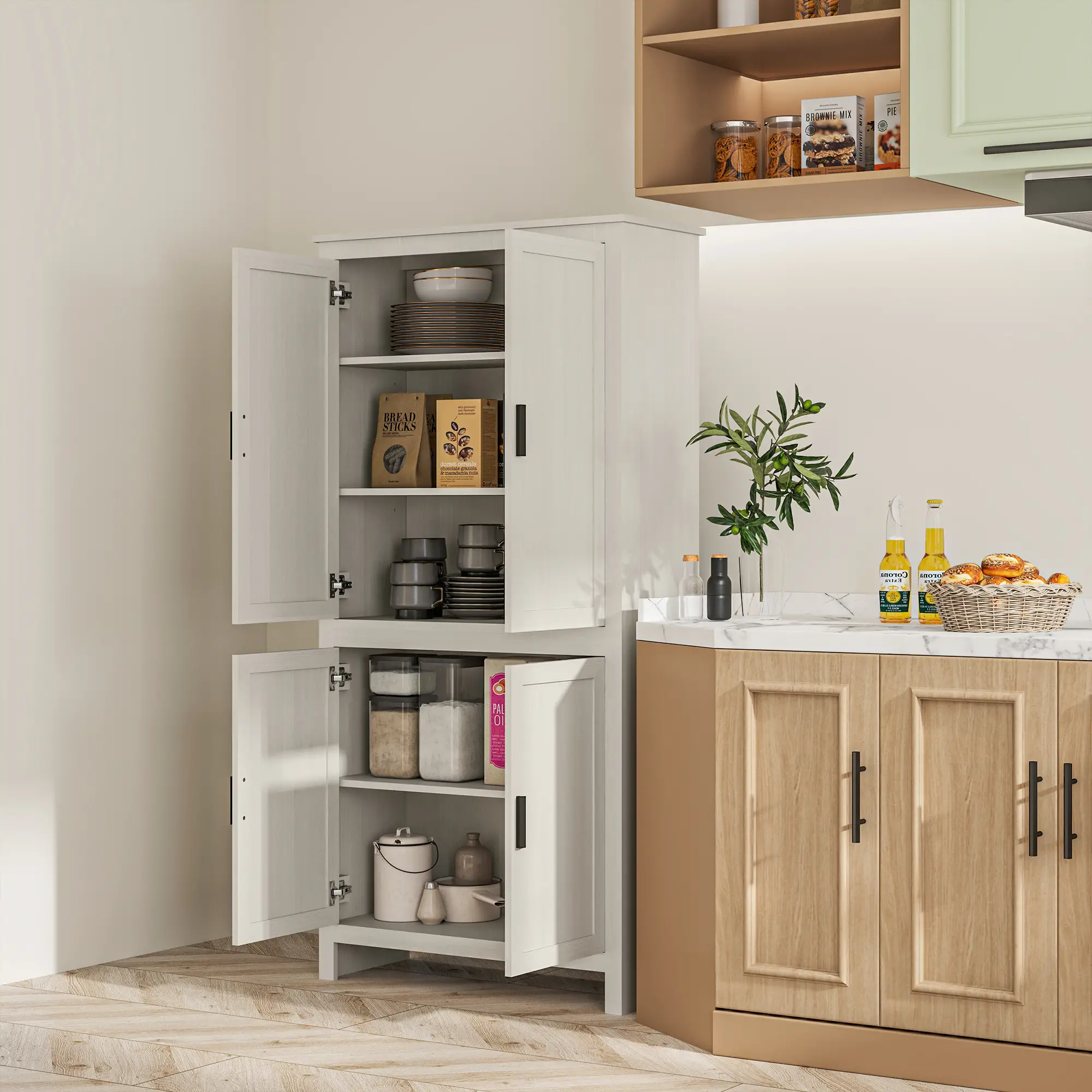 64" Kitchen Pantry Cabinet, 4 Doors, 3 Adjustable Shelves, Antique White, White - Image 10