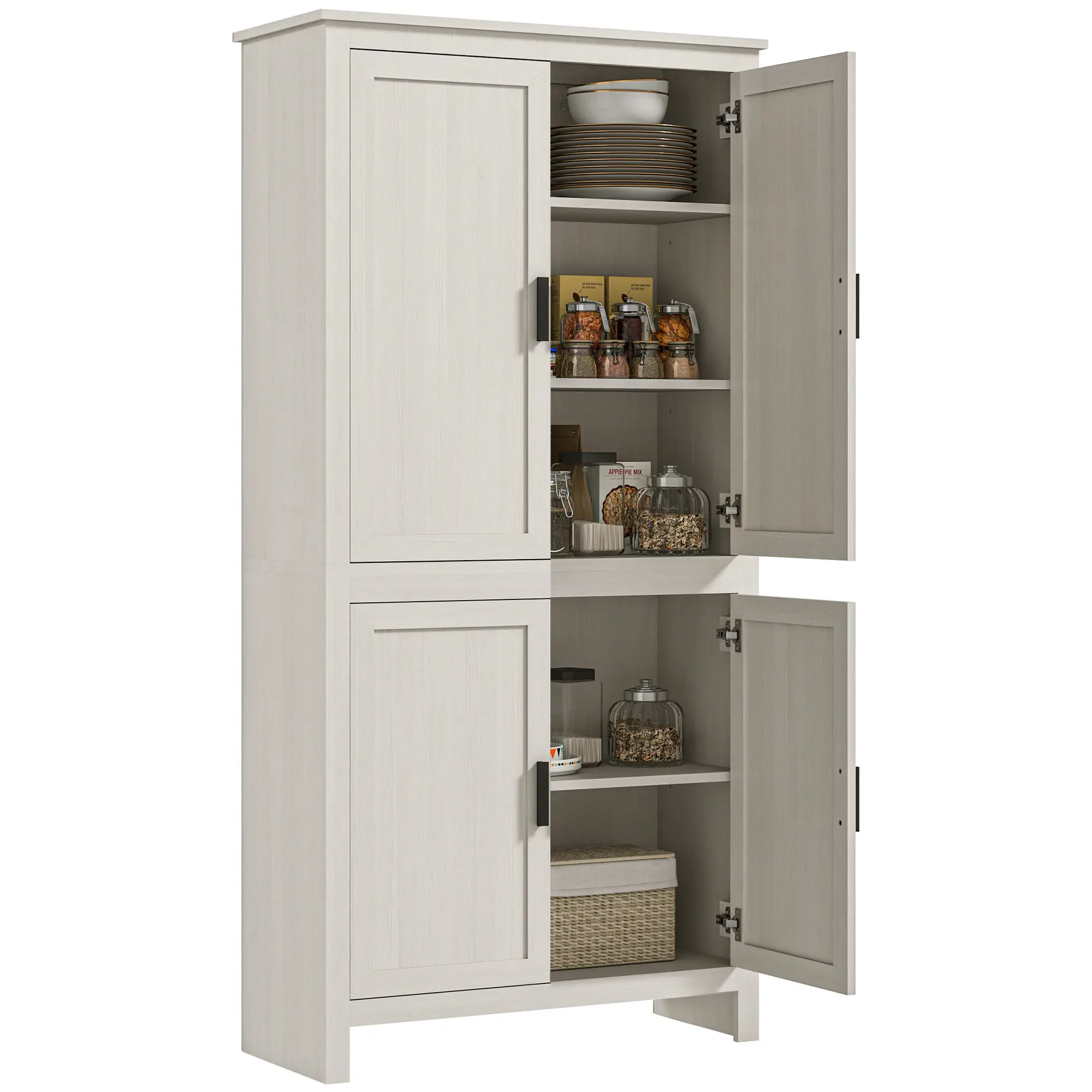 64" Kitchen Pantry Cabinet, 4 Doors, 3 Adjustable Shelves, Antique White, White - Image 11