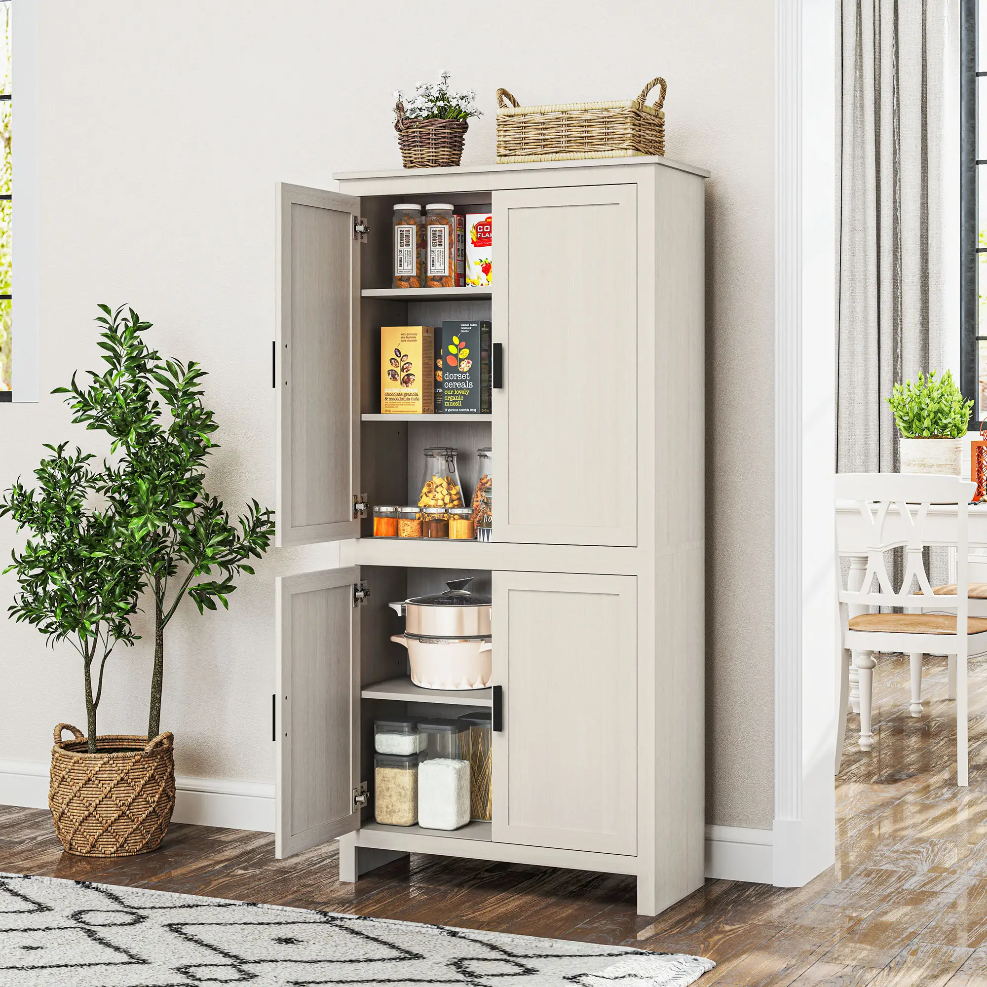 64" Kitchen Pantry Cabinet, 4 Doors, 3 Adjustable Shelves, Antique White, White - Image 2