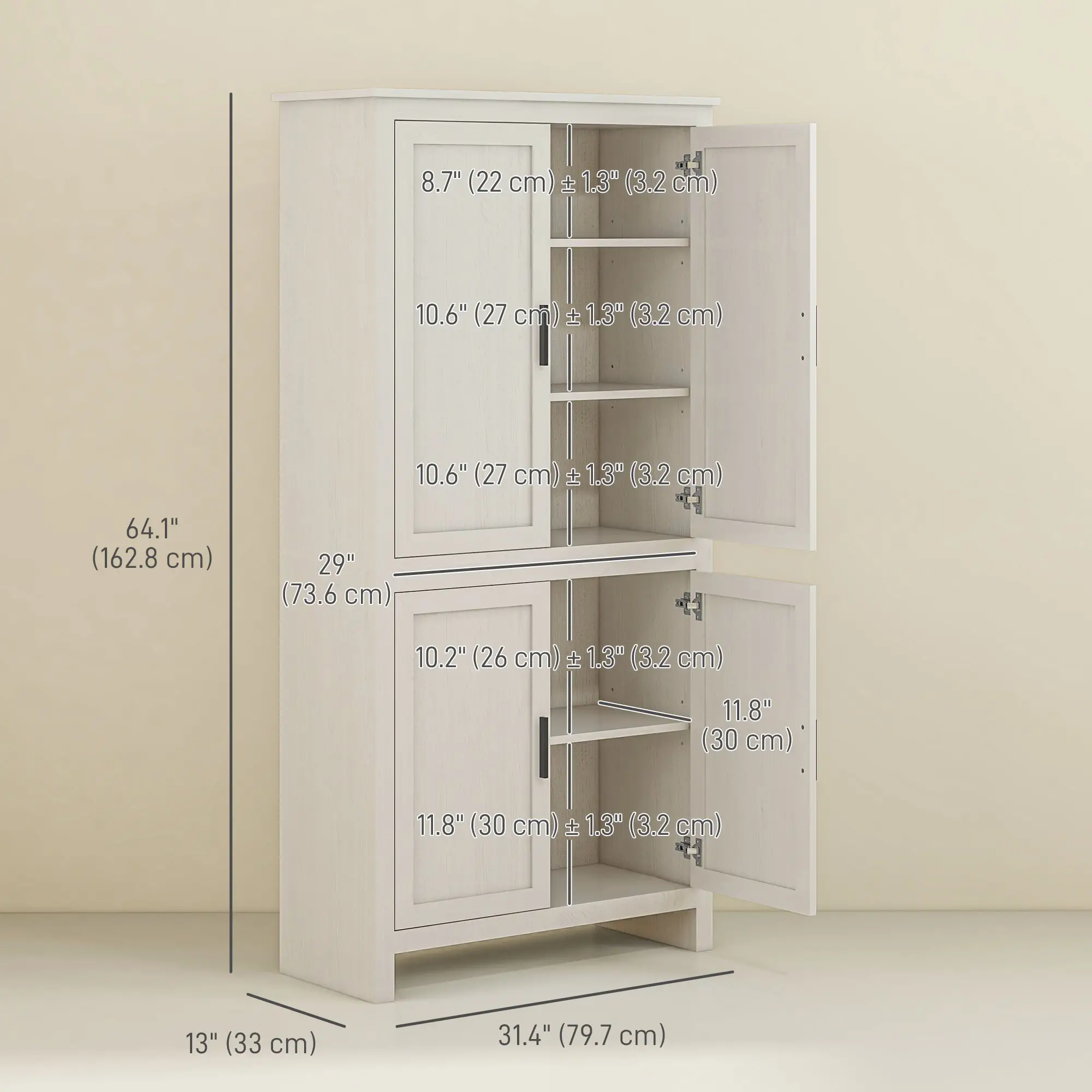 64" Kitchen Pantry Cabinet, 4 Doors, 3 Adjustable Shelves, Antique White, White - Image 3