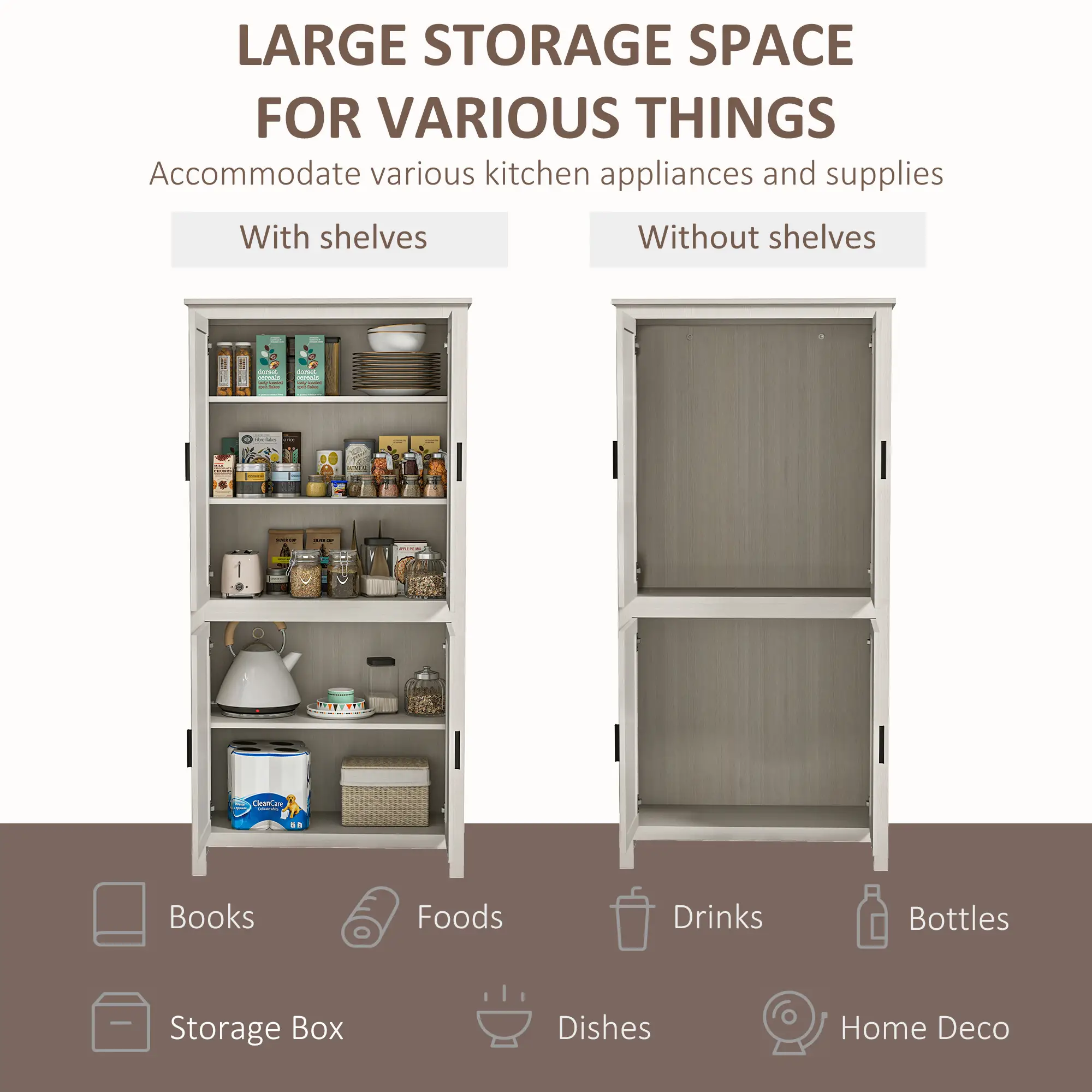64" Kitchen Pantry Cabinet, 4 Doors, 3 Adjustable Shelves, Antique White, White - Image 4