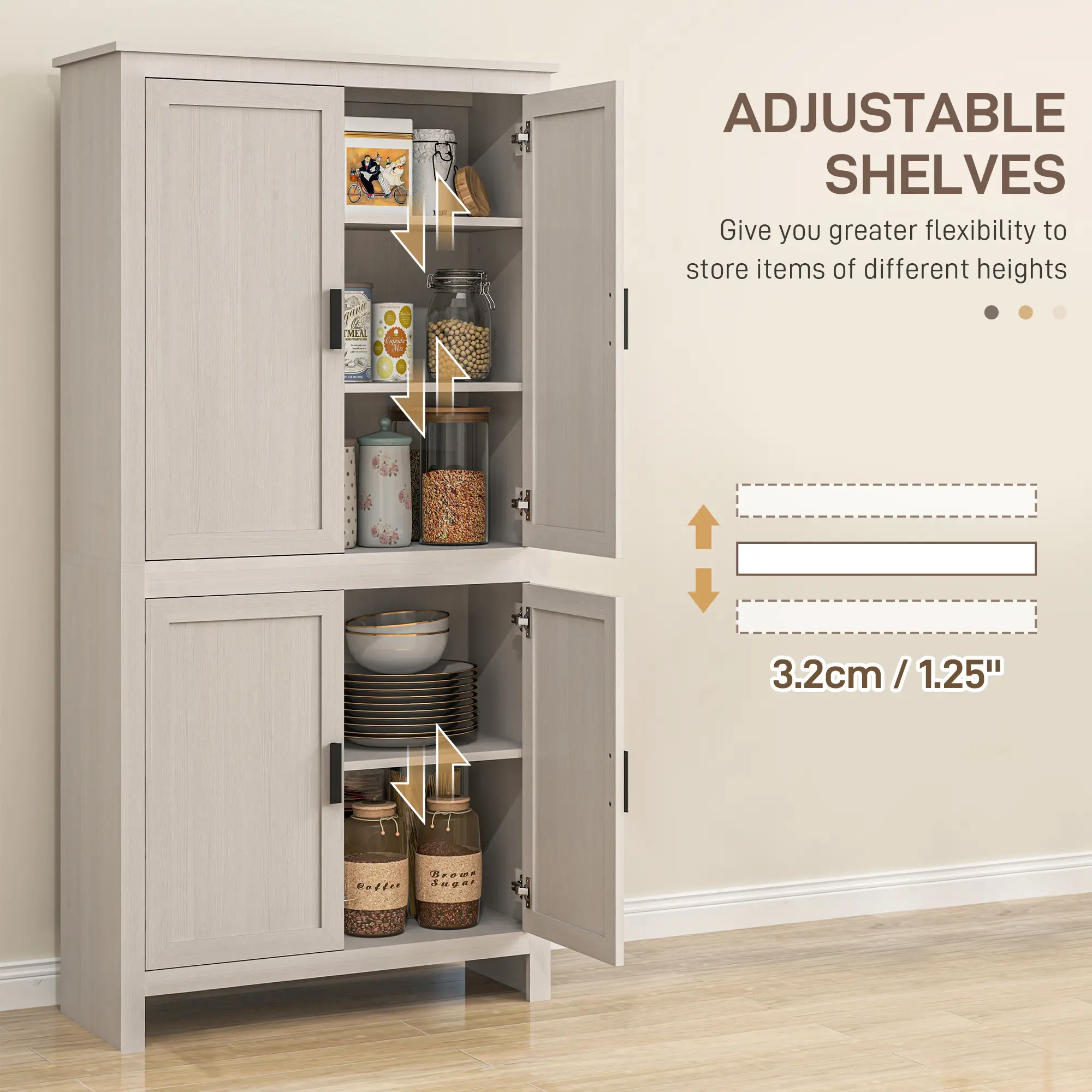 64" Kitchen Pantry Cabinet, 4 Doors, 3 Adjustable Shelves, Antique White, White - Image 5