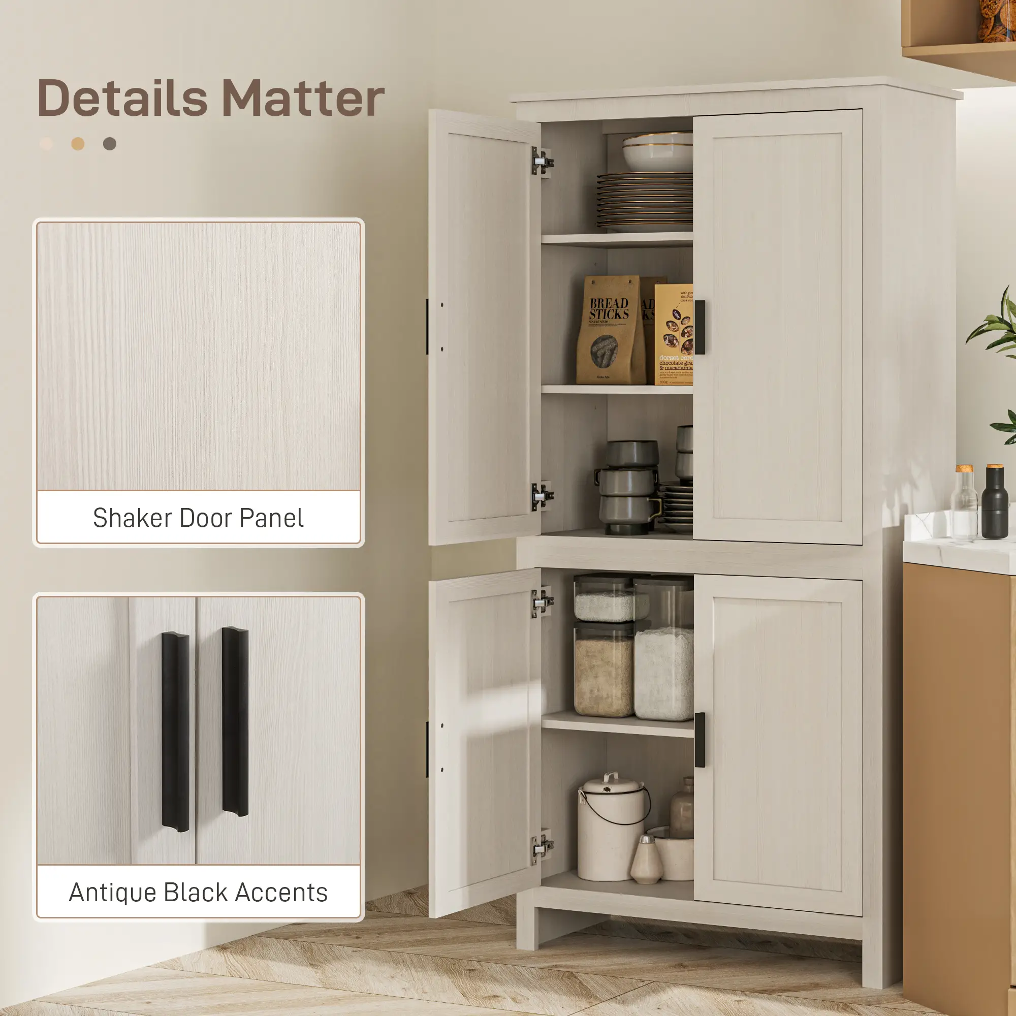 64" Kitchen Pantry Cabinet, 4 Doors, 3 Adjustable Shelves, Antique White, White - Image 7