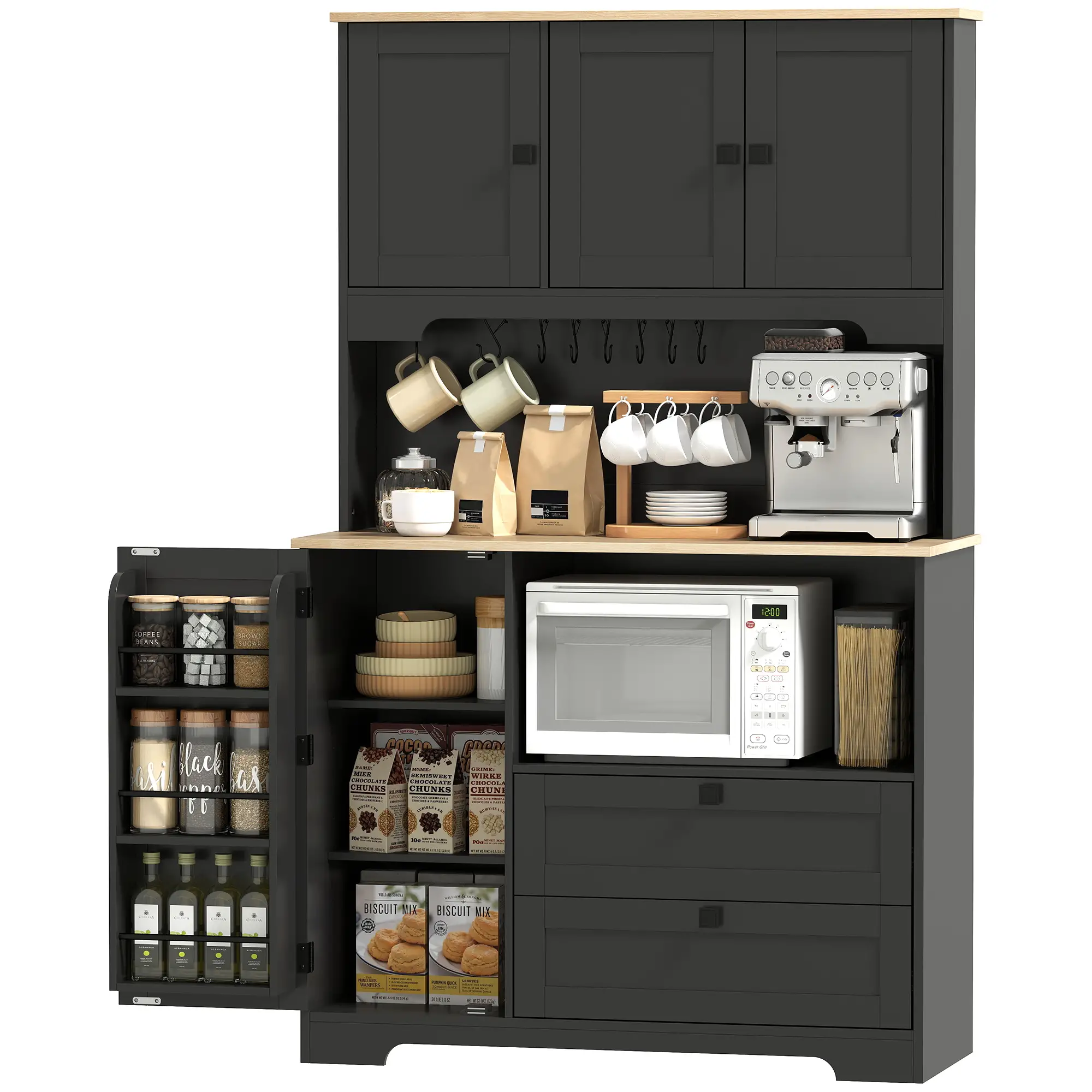 64" Kitchen Pantry Cabinet, 3 Cabinets, 2 Drawers, Adjustable Shelves, Black