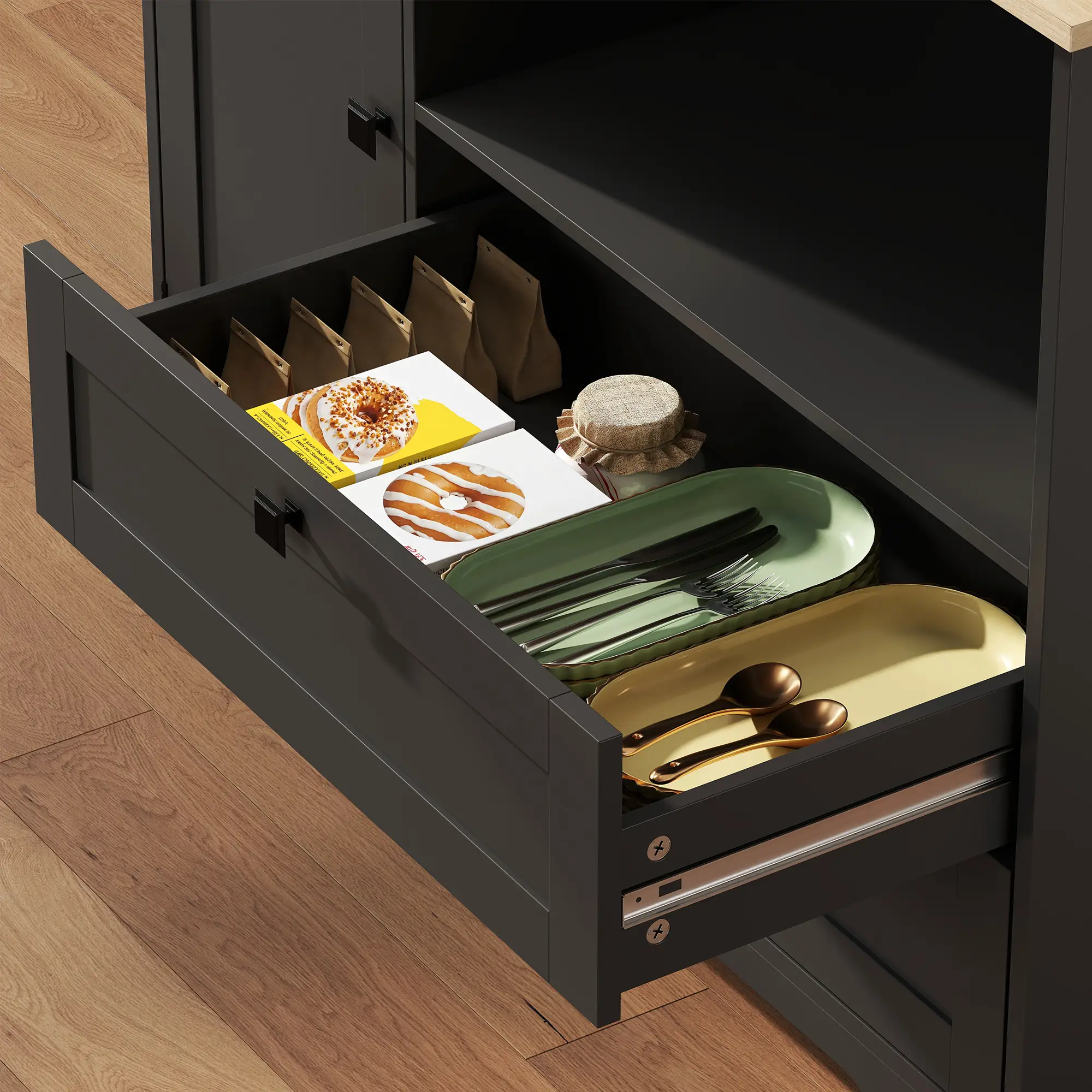 64" Kitchen Pantry Cabinet, 3 Cabinets, 2 Drawers, Adjustable Shelves, Black - Image 10