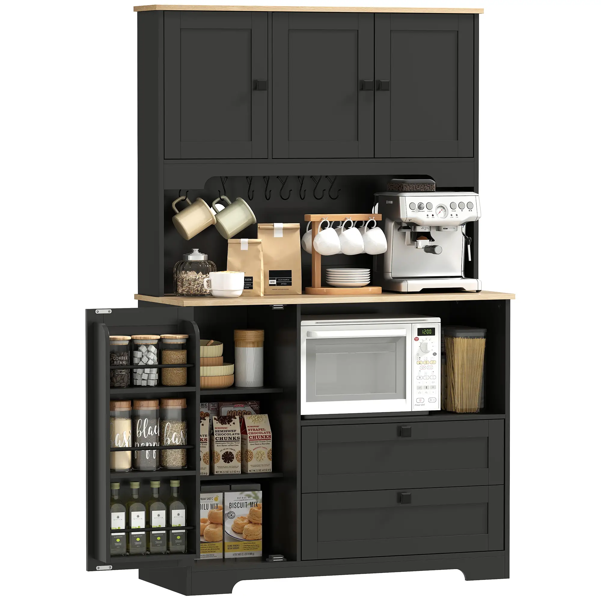64" Kitchen Pantry Cabinet, 3 Cabinets, 2 Drawers, Adjustable Shelves, Black - Image 11