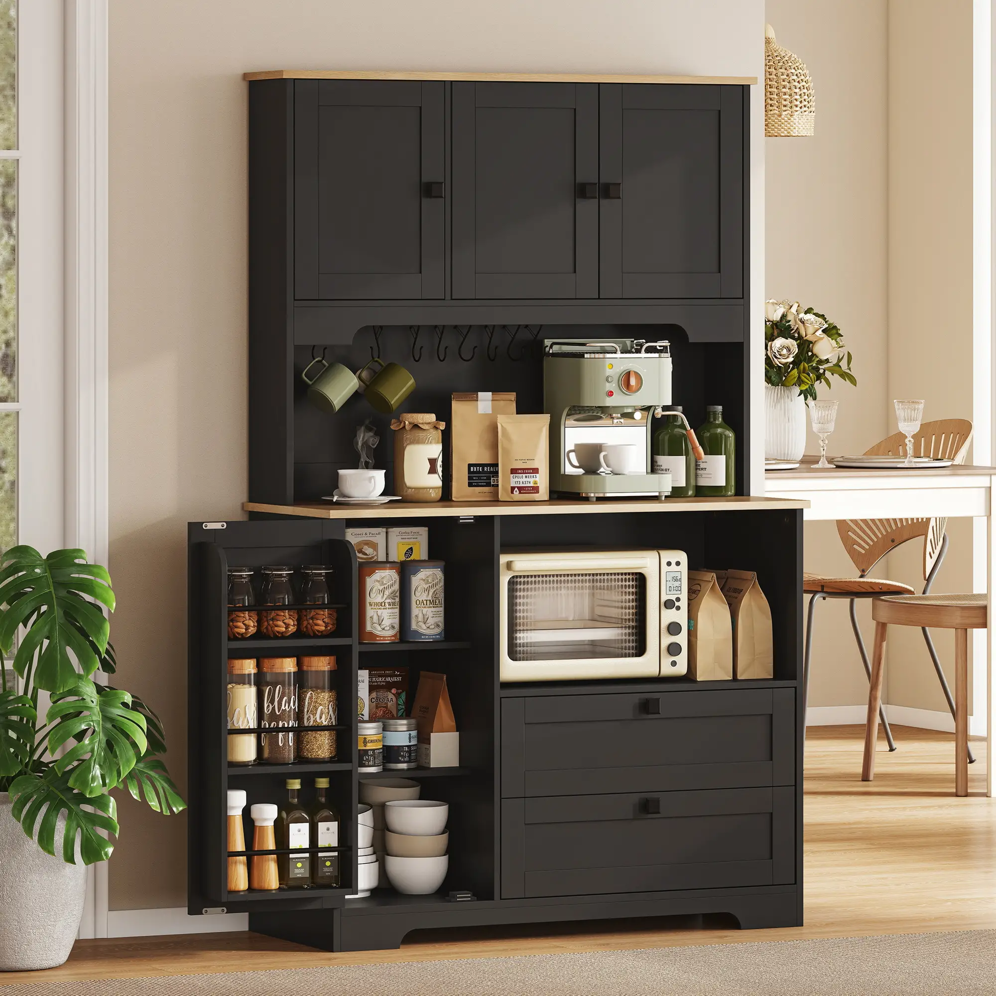 64" Kitchen Pantry Cabinet, 3 Cabinets, 2 Drawers, Adjustable Shelves, Black - Image 2