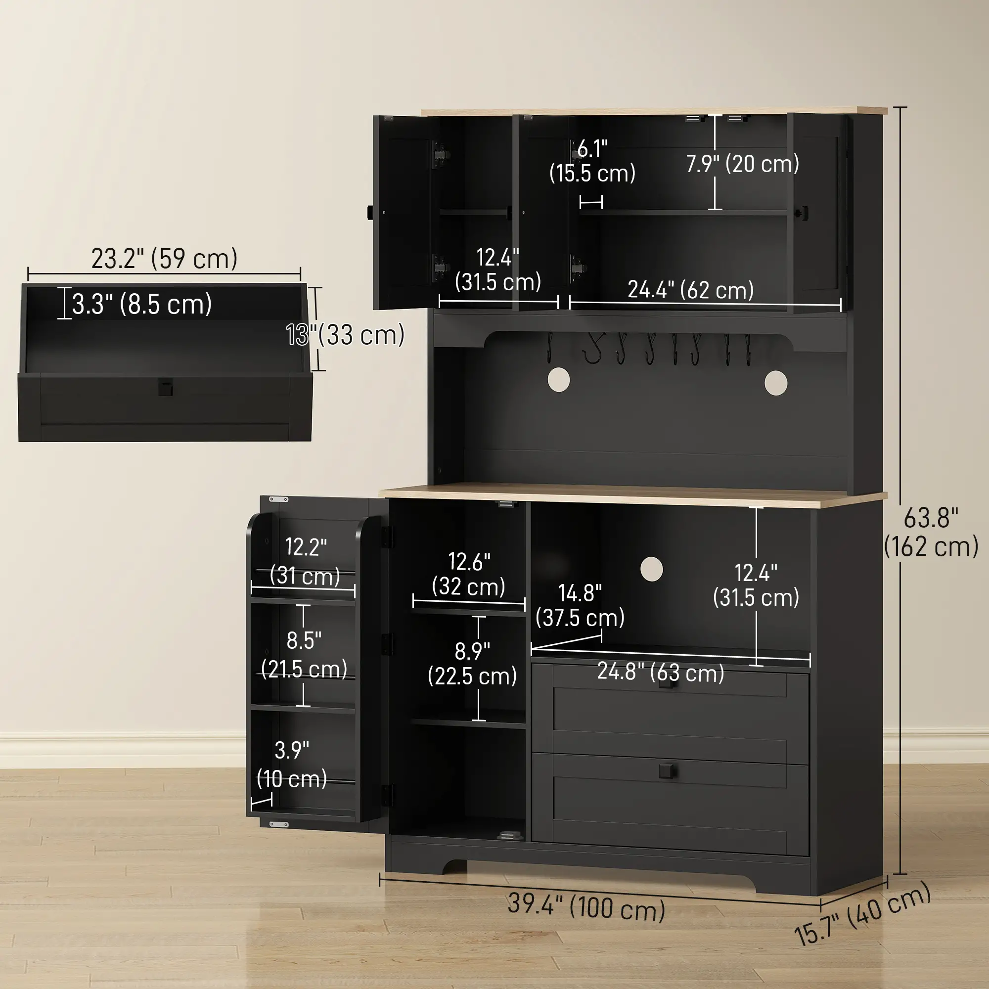 64" Kitchen Pantry Cabinet, 3 Cabinets, 2 Drawers, Adjustable Shelves, Black - Image 3