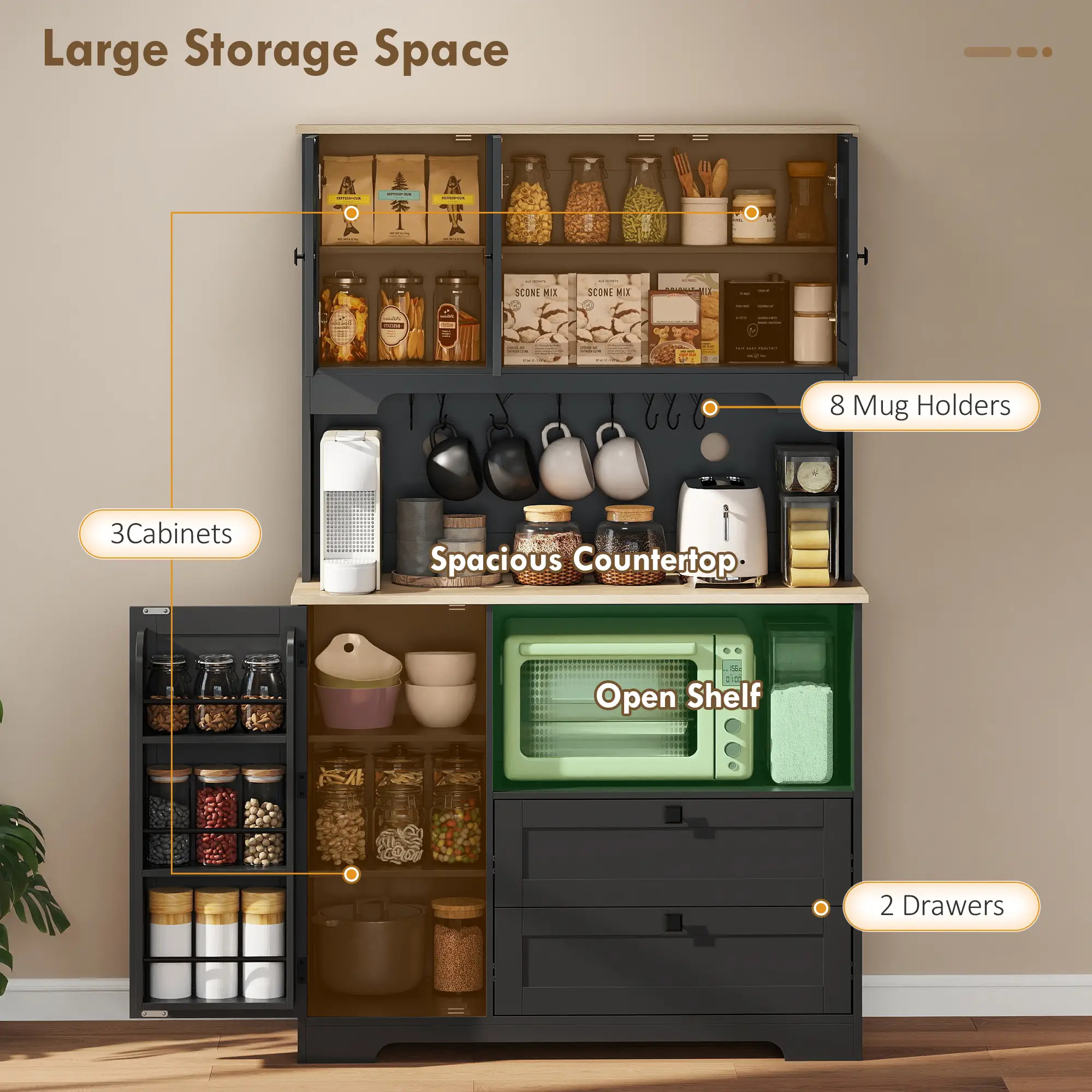 64" Kitchen Pantry Cabinet, 3 Cabinets, 2 Drawers, Adjustable Shelves, Black - Image 4