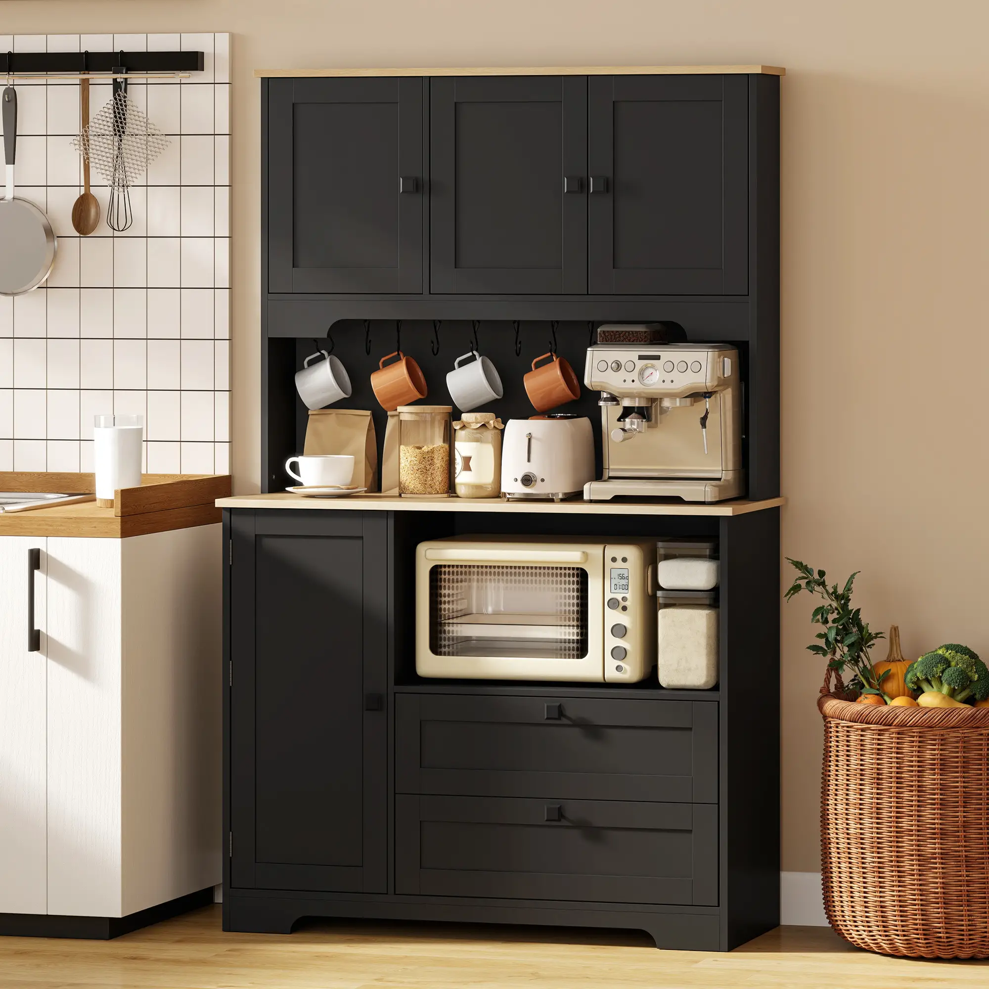 64" Kitchen Pantry Cabinet, 3 Cabinets, 2 Drawers, Adjustable Shelves, Black - Image 8