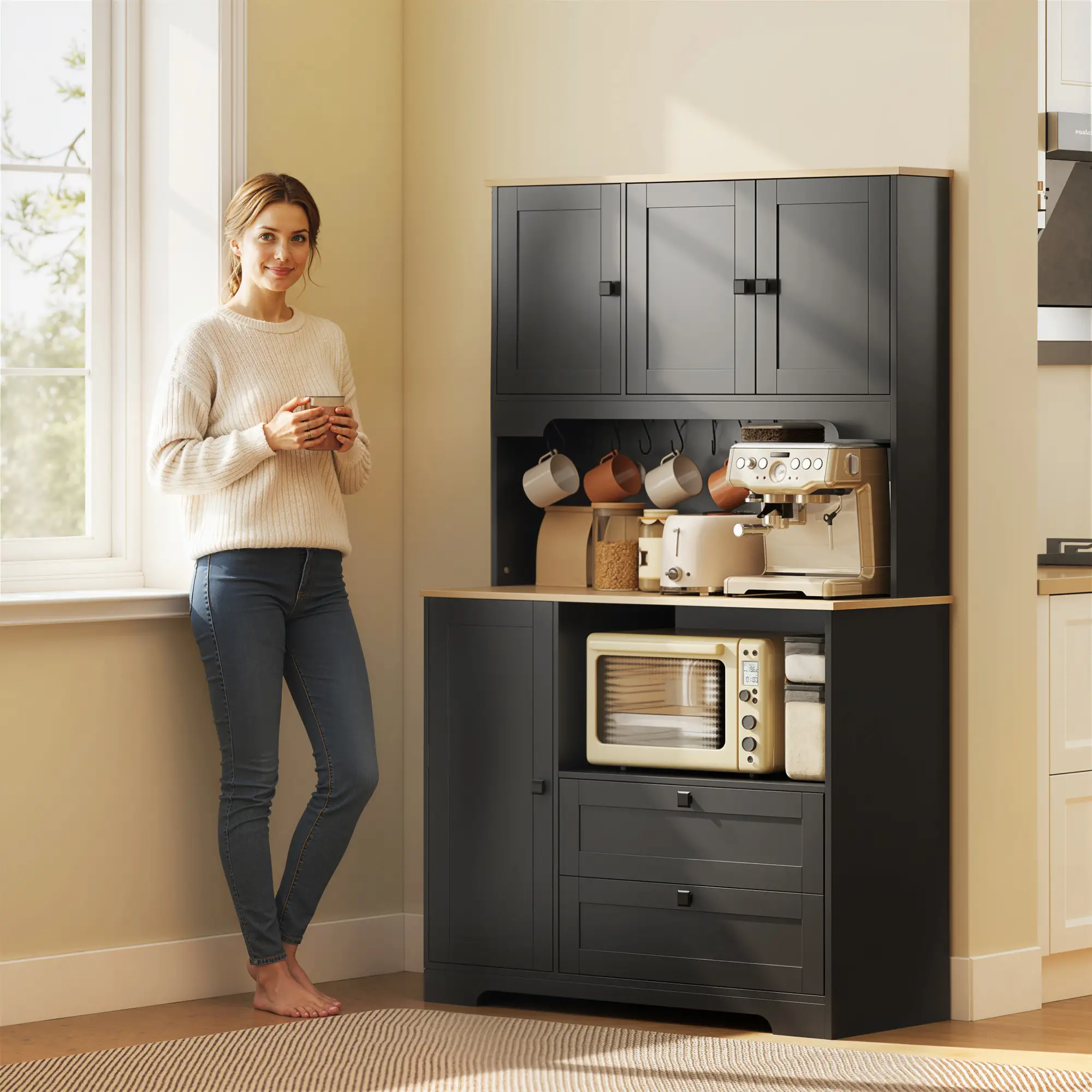 64" Kitchen Pantry Cabinet, 3 Cabinets, 2 Drawers, Adjustable Shelves, Black - Image 9