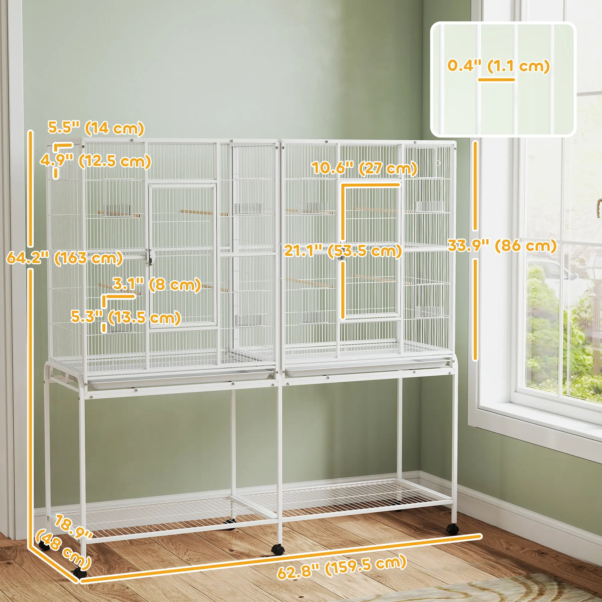 64" Large Rolling Bird Cage, Detachable Stand, Storage Shelf, White - Image 3