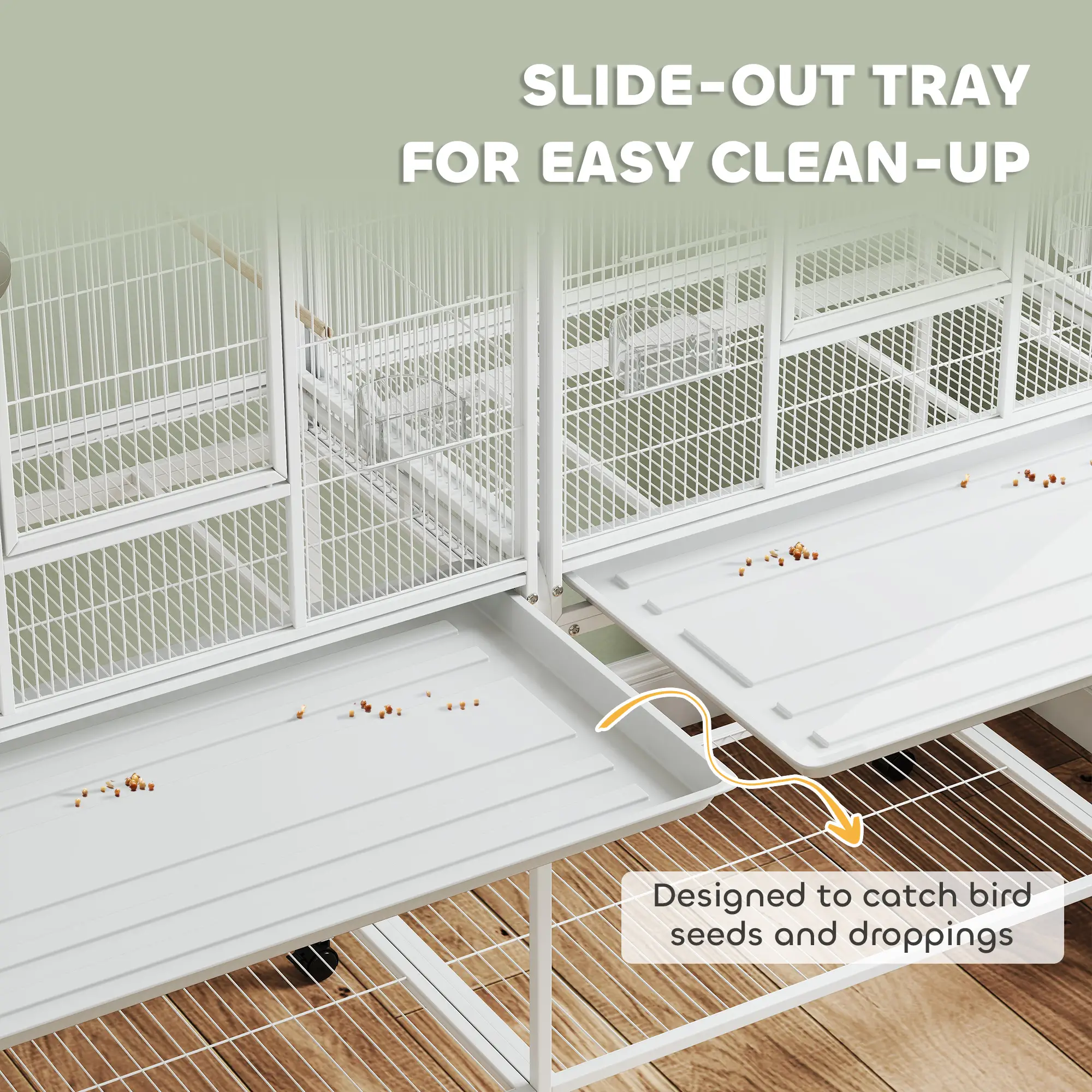 64" Large Rolling Bird Cage, Detachable Stand, Storage Shelf, White - Image 4