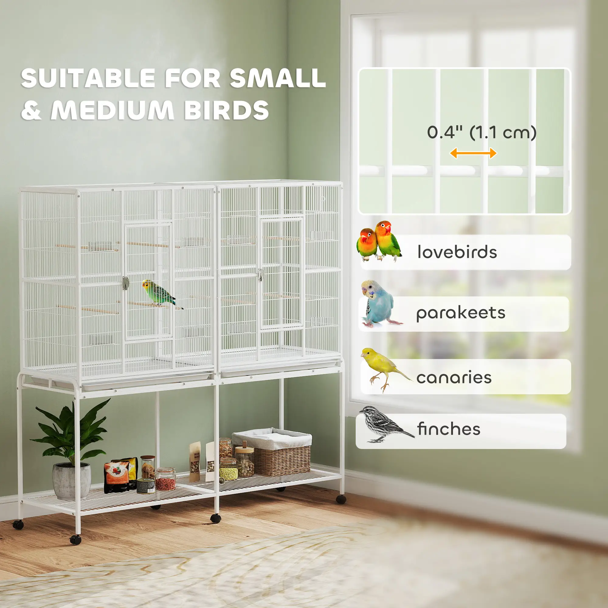 64" Large Rolling Bird Cage, Detachable Stand, Storage Shelf, White - Image 7