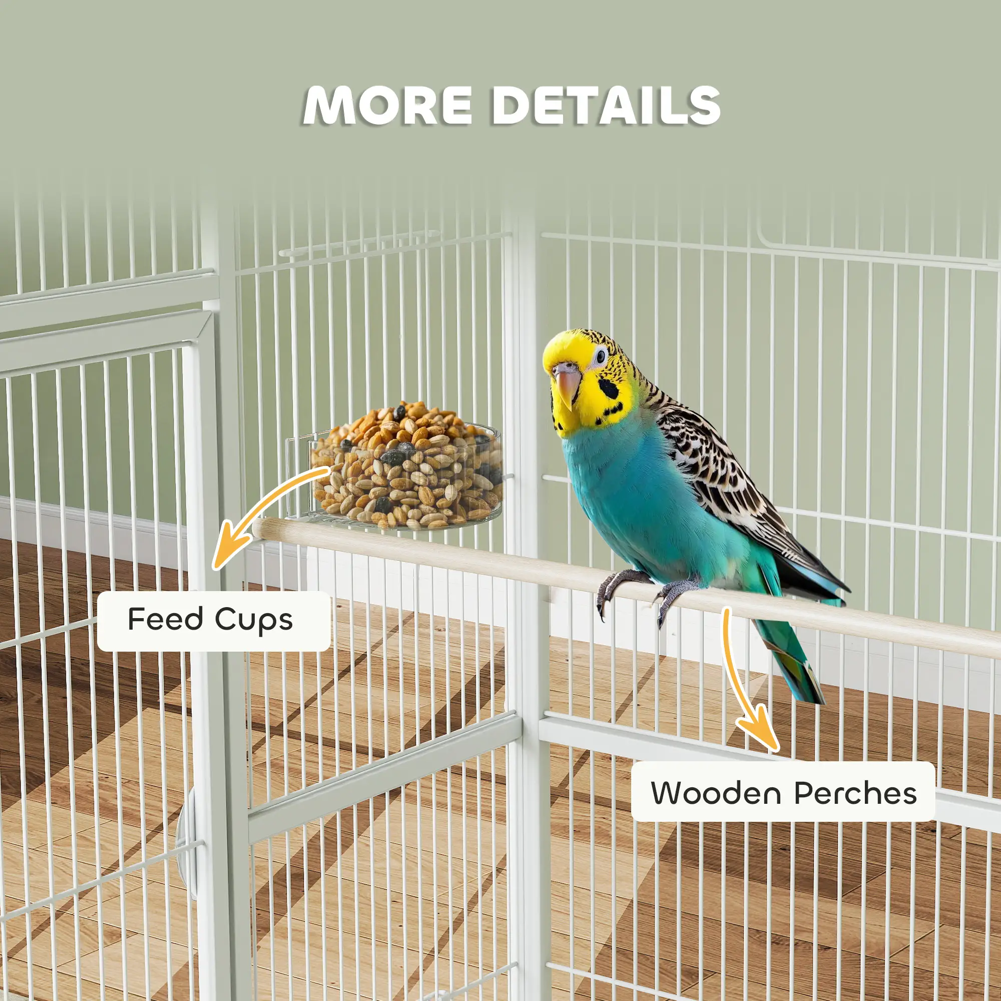 64" Large Rolling Bird Cage, Detachable Stand, Storage Shelf, White - Image 9
