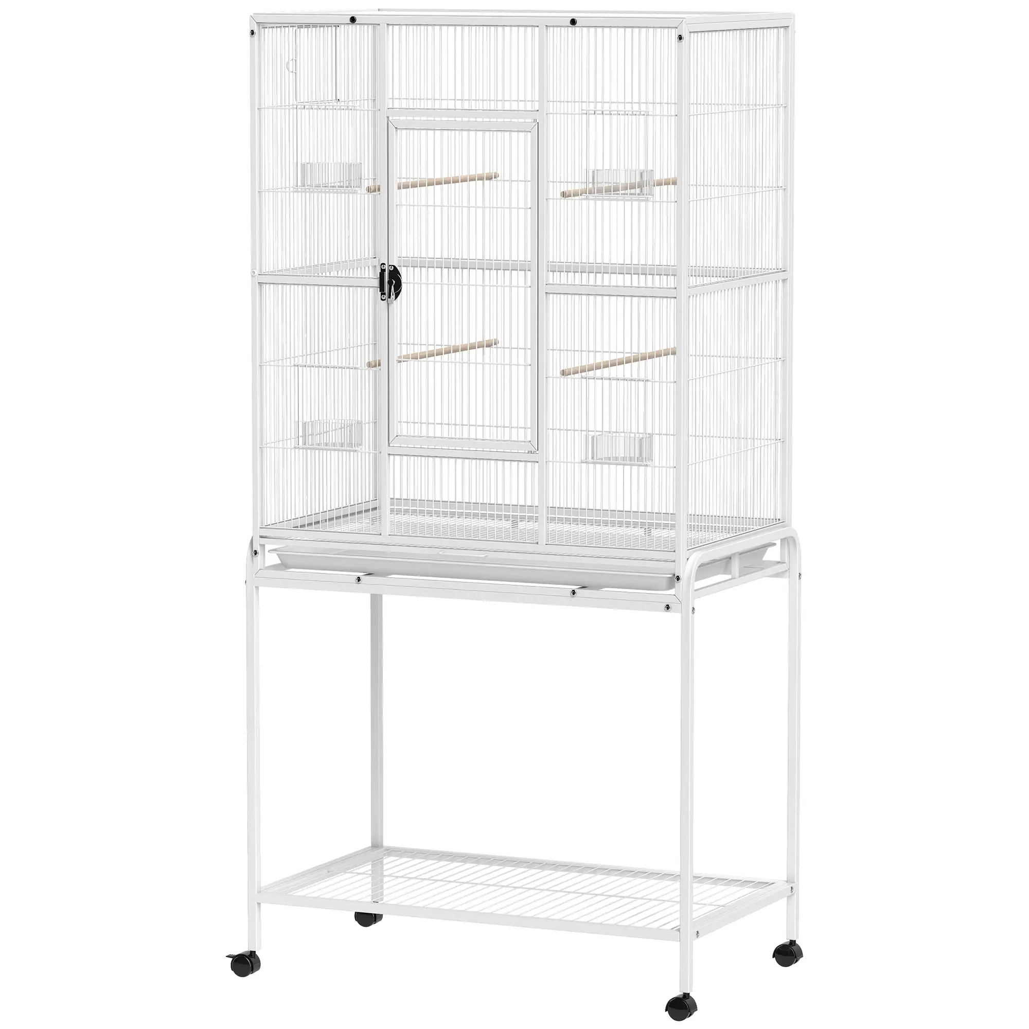 64" Large Rolling Bird Cage With Stand, Shelf, Perch, Food Container, White