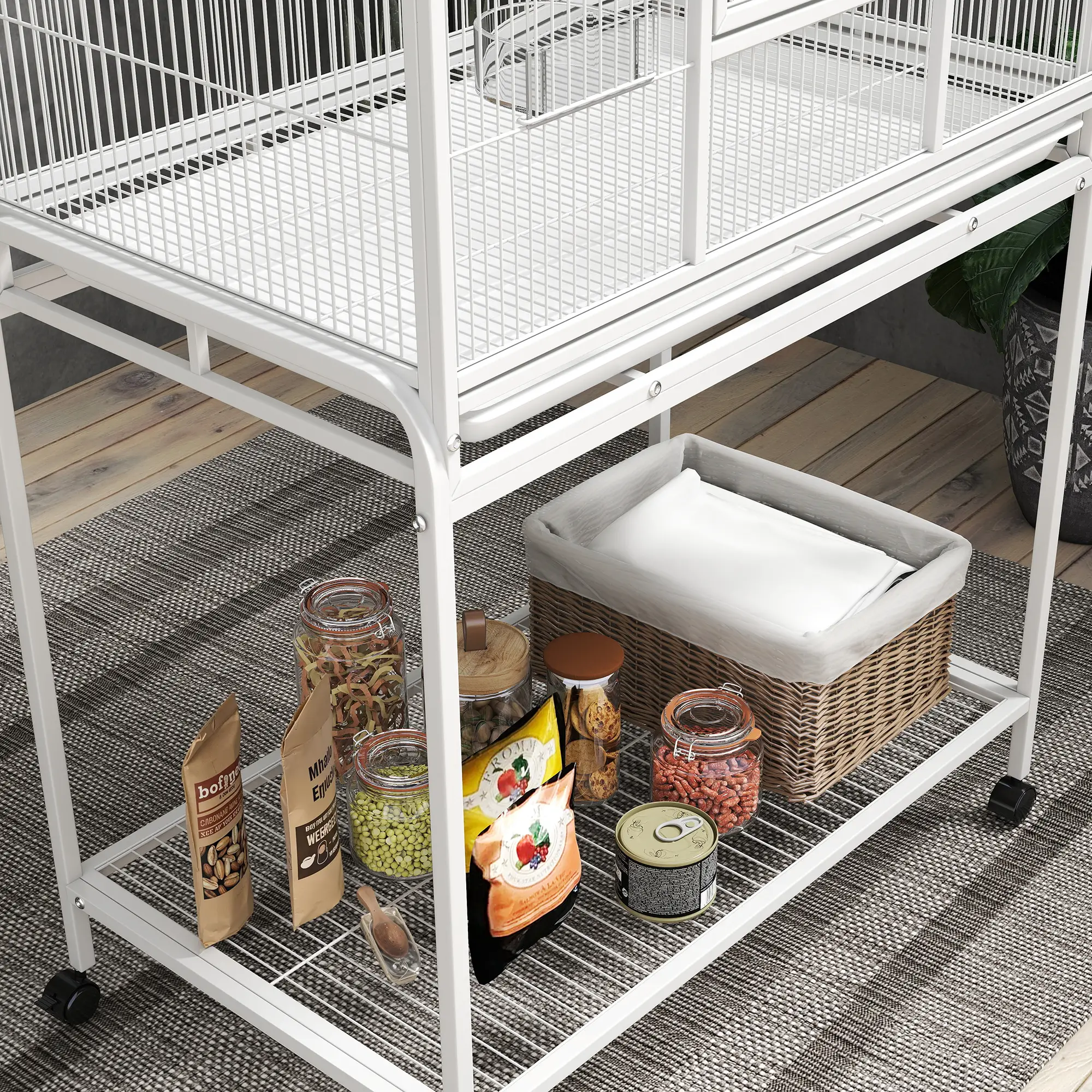 64" Large Rolling Bird Cage With Stand, Shelf, Perch, Food Container, White - Image 10
