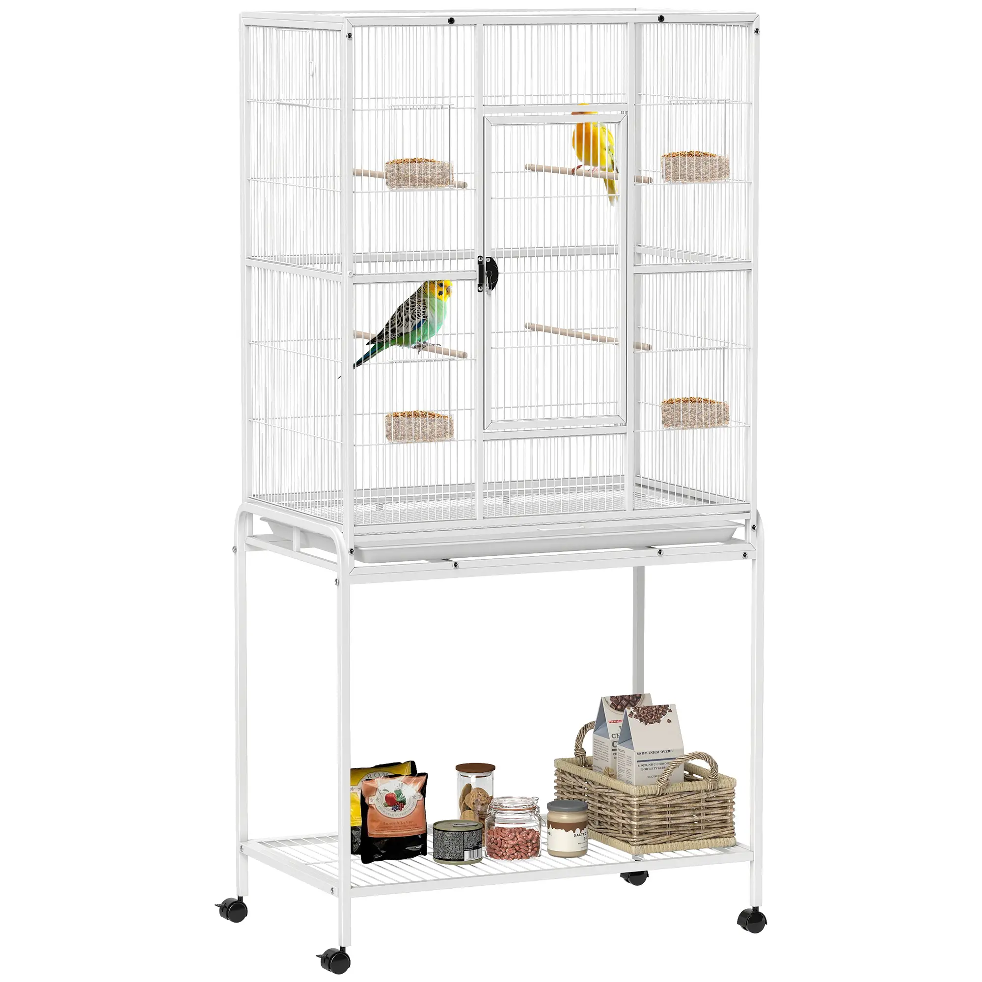 64" Large Rolling Bird Cage With Stand, Shelf, Perch, Food Container, White - Image 11