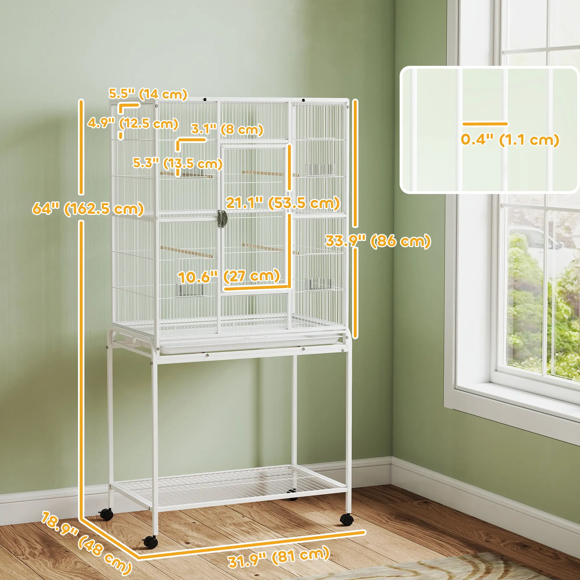 64" Large Rolling Bird Cage With Stand, Shelf, Perch, Food Container, White - Image 3