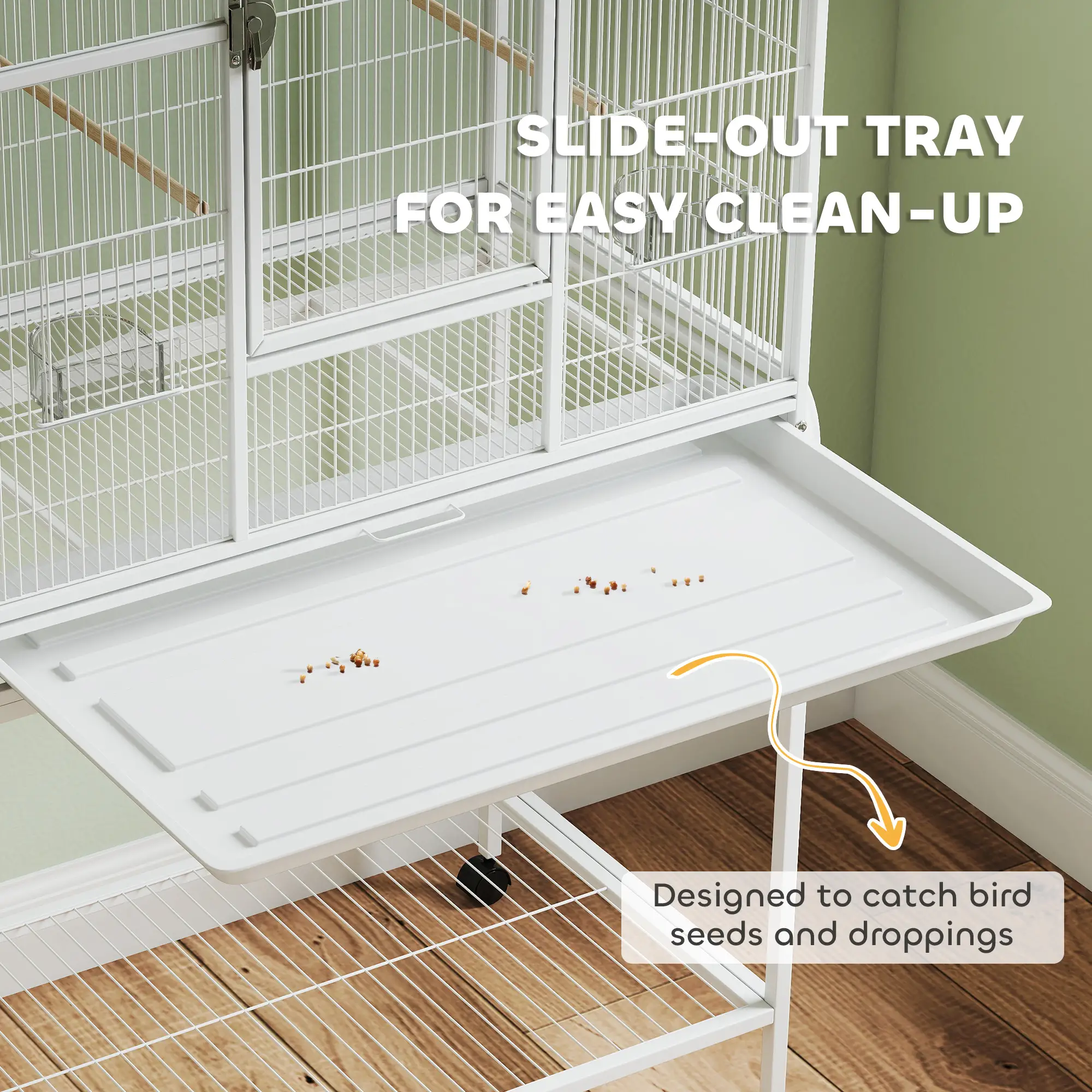 64" Large Rolling Bird Cage With Stand, Shelf, Perch, Food Container, White - Image 4